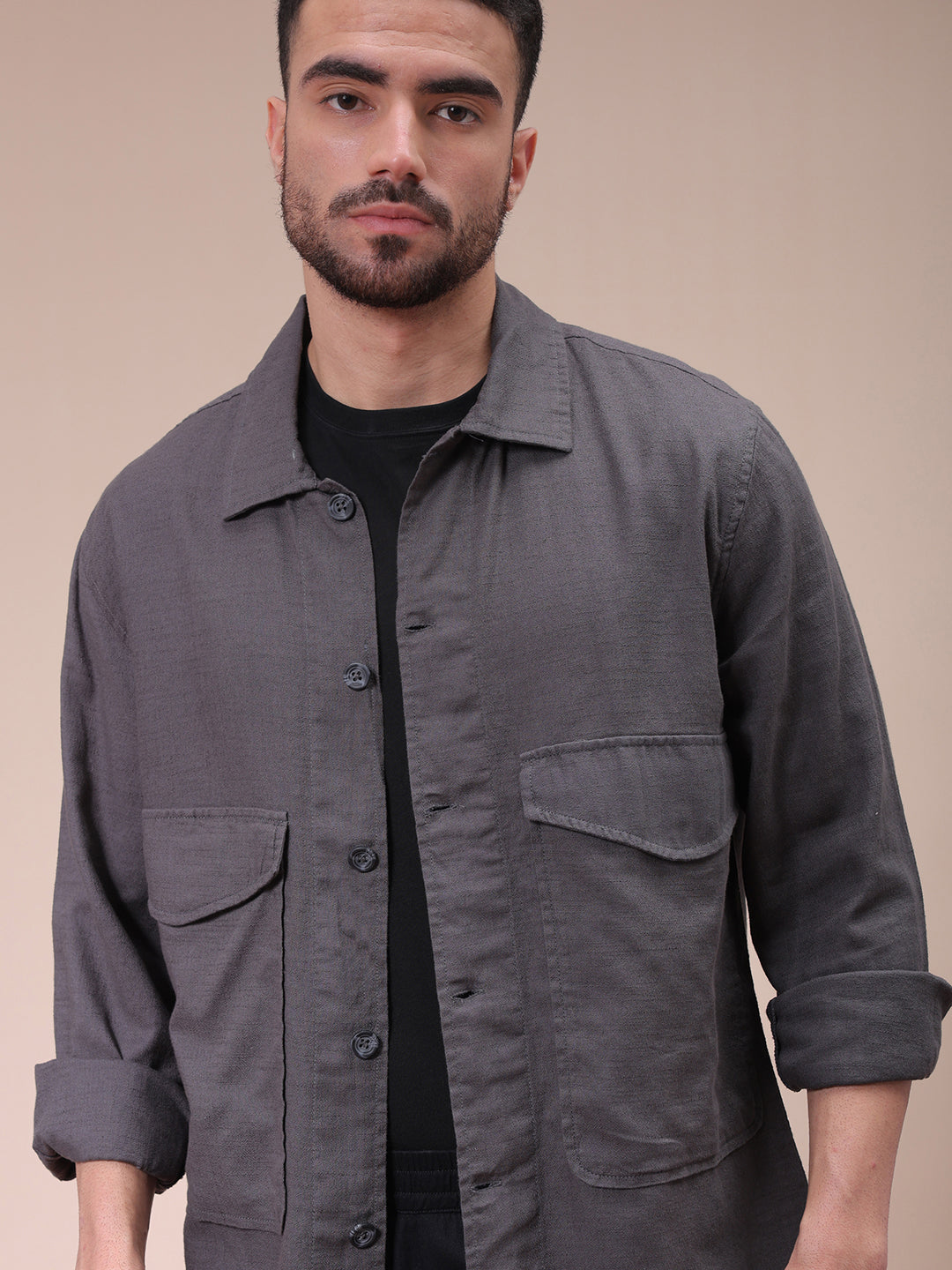 The Indian Garage Co Men's Charcoal Regular Fit Solid Overshirt
