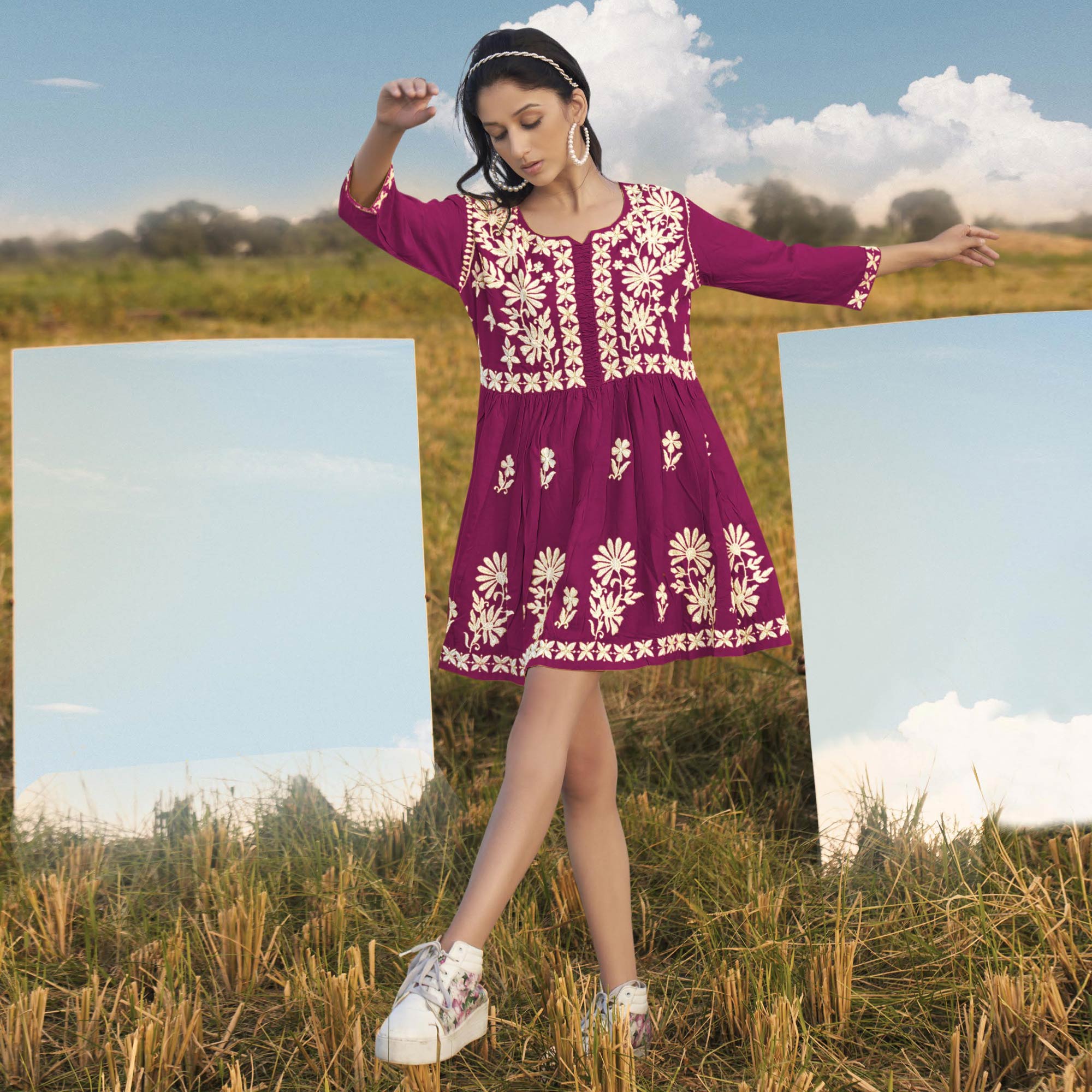 Peachmode Magenta Pink Lucknowi Embroidered Rayon Tunic - view 2