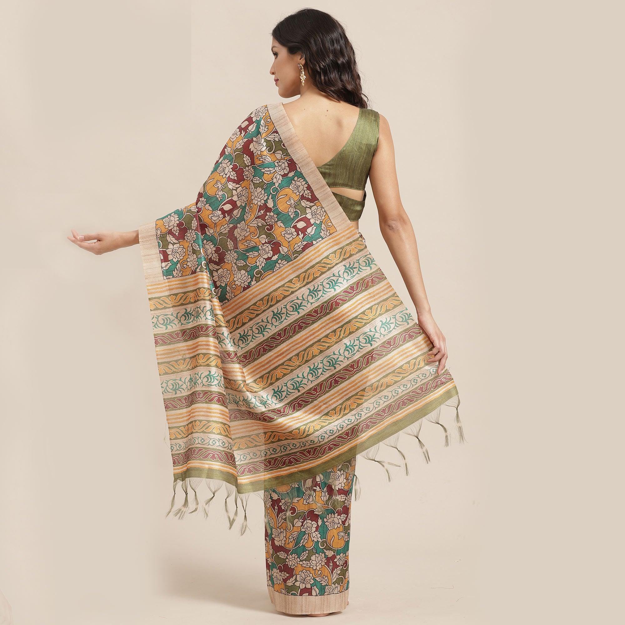 Peachmode Magnetic Beige-Multi Colored Casual Wear Floral Printed Silk Blend Saree With Tassels - view 2