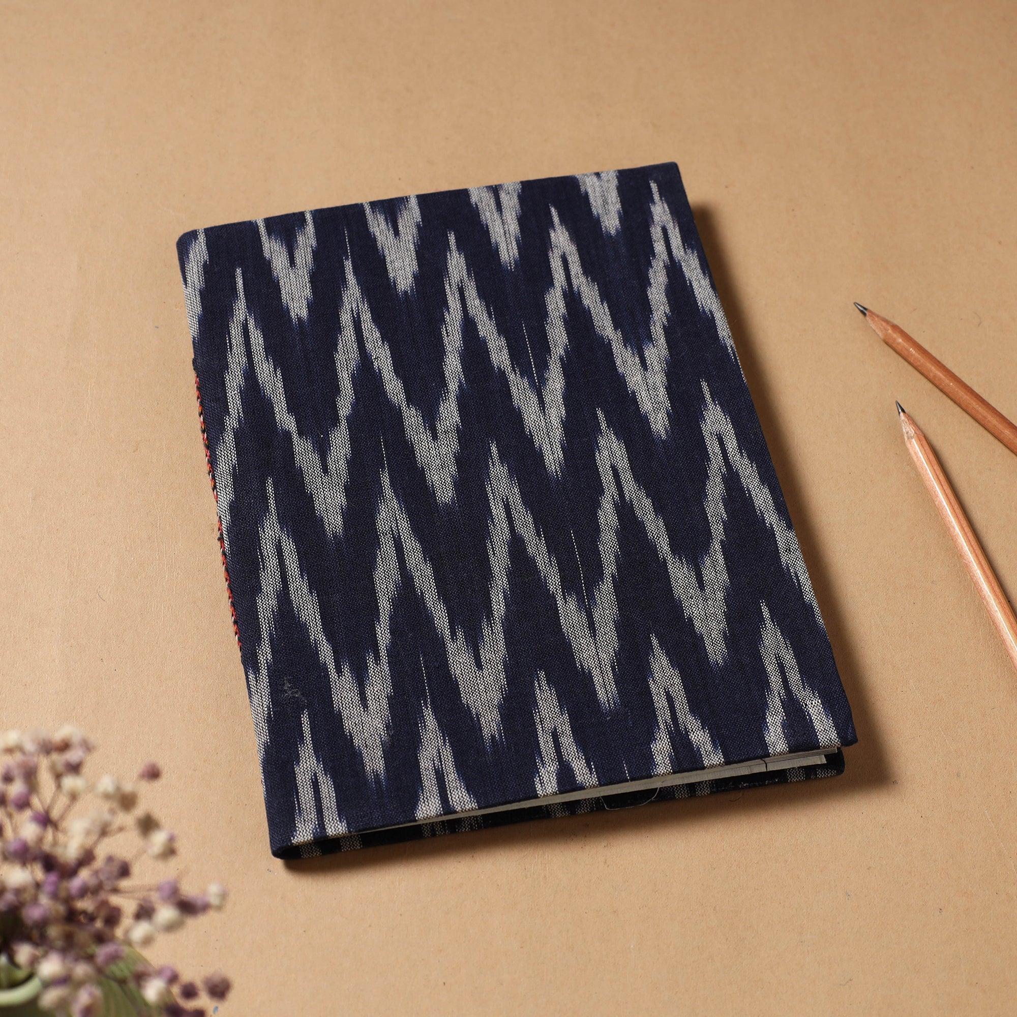 CHUTNEY CRAFT STUDIO Black - Ikat Fabric Cover Handmade Paper Notebook (9 x 7 in)