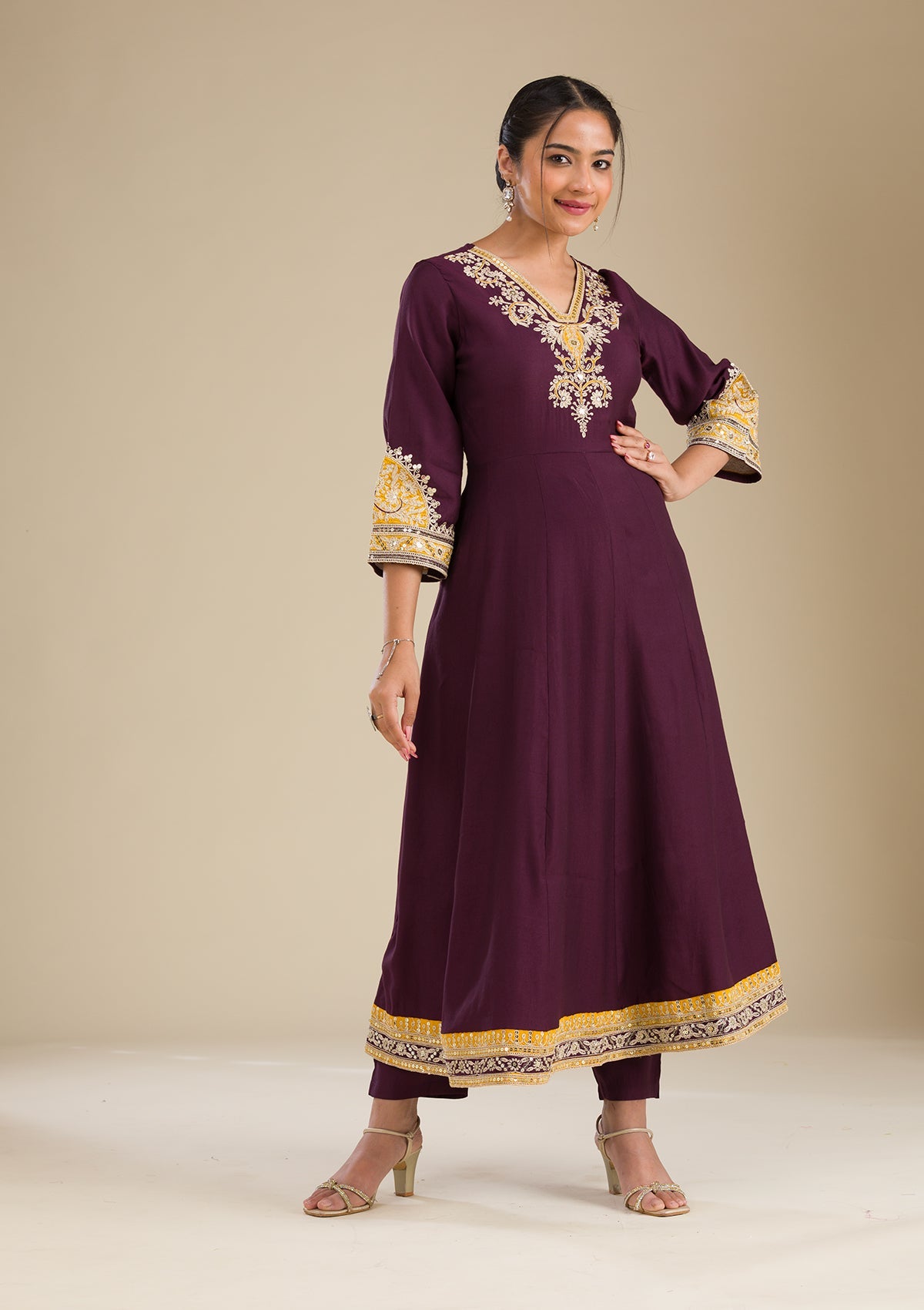 Koskii Wine Zariwork Chiffon Readymade Salwar Suit - view 5