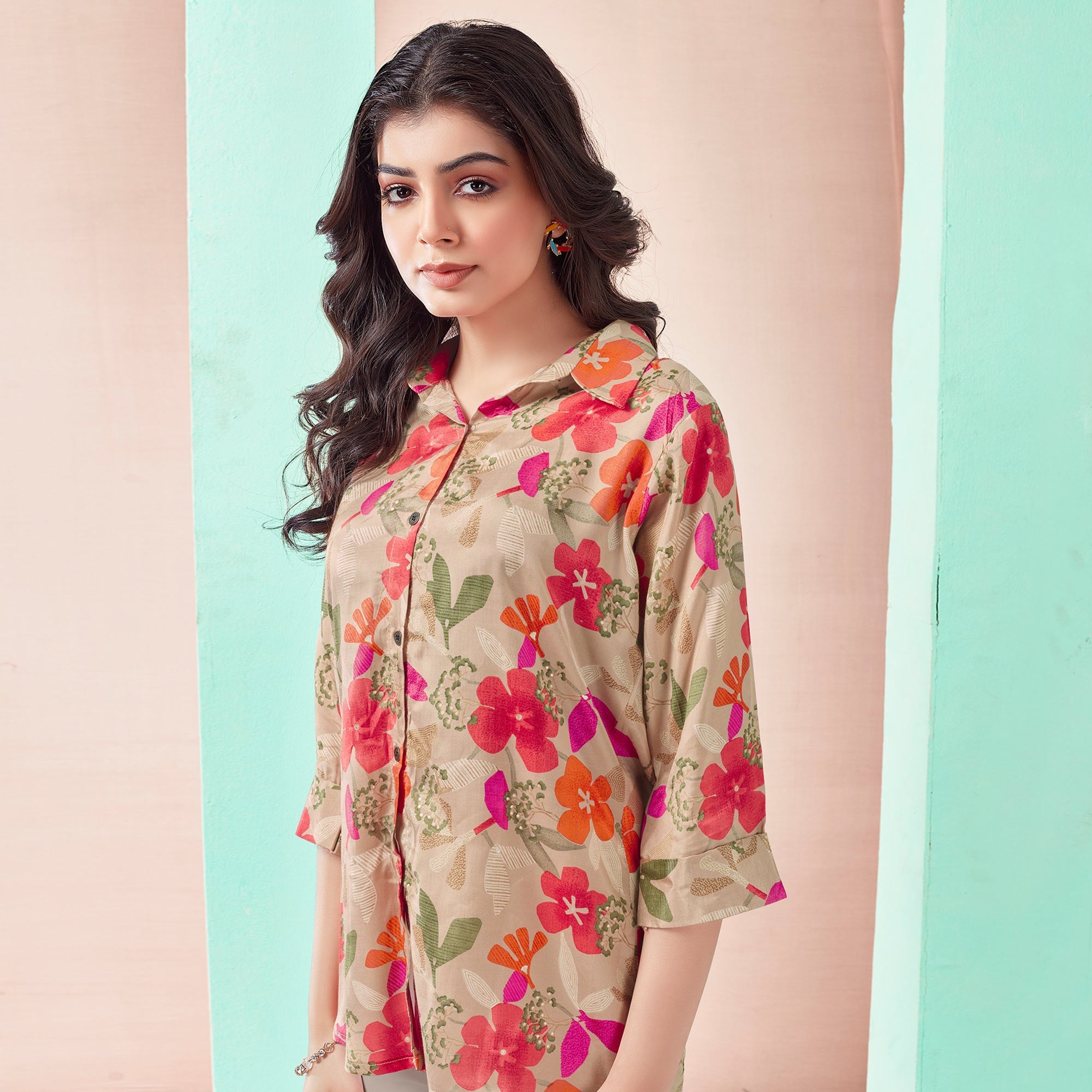 Peachmode Chikoo Floral Foil Printed Muslin Top - view 2