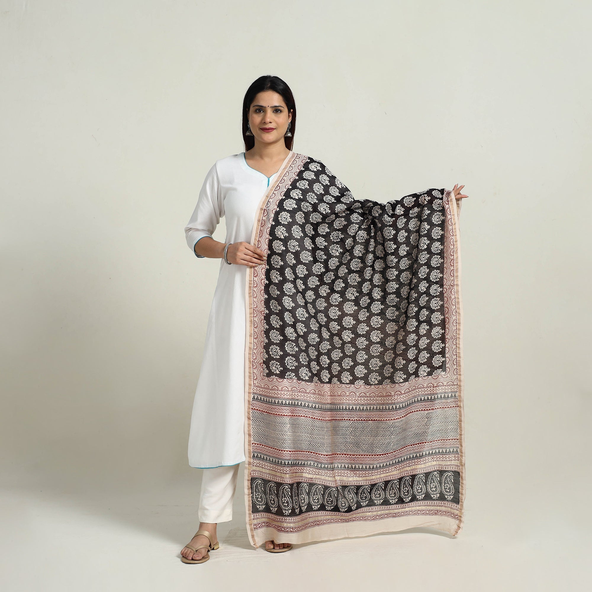 BAGH PRINTS BY MOHAMMED RAFIK KHATRI Black - Natural Dyed Hand Block Print Chanderi Silk Bagh Dupatta 14