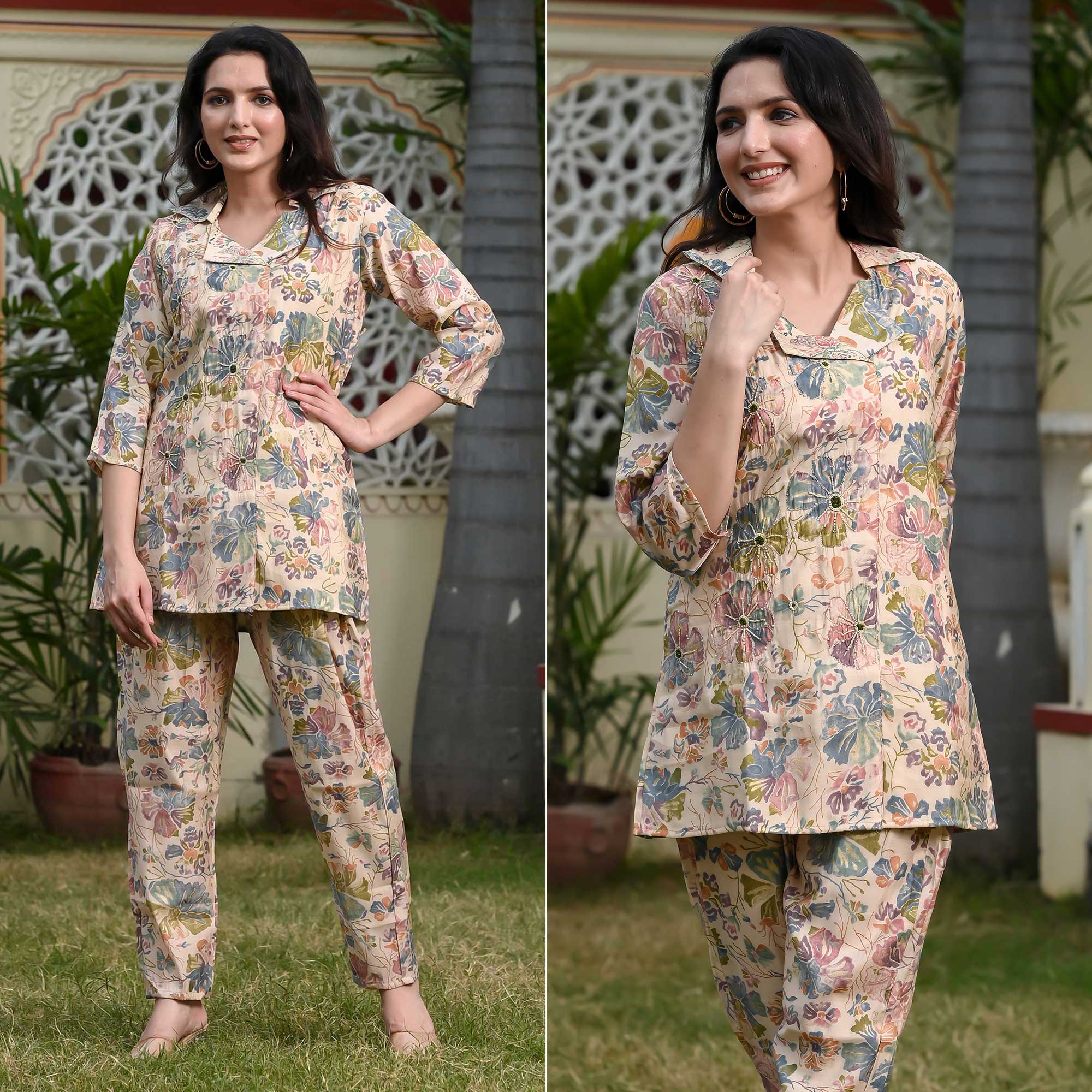 Peachmode Cream Floral Printed Muslin Co Ord Set