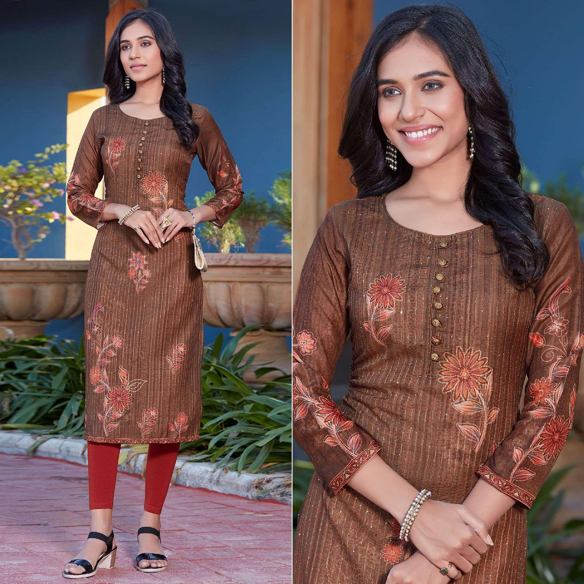Peachmode Seller Brown Sequins Embroidered Cotton Silk Kurti