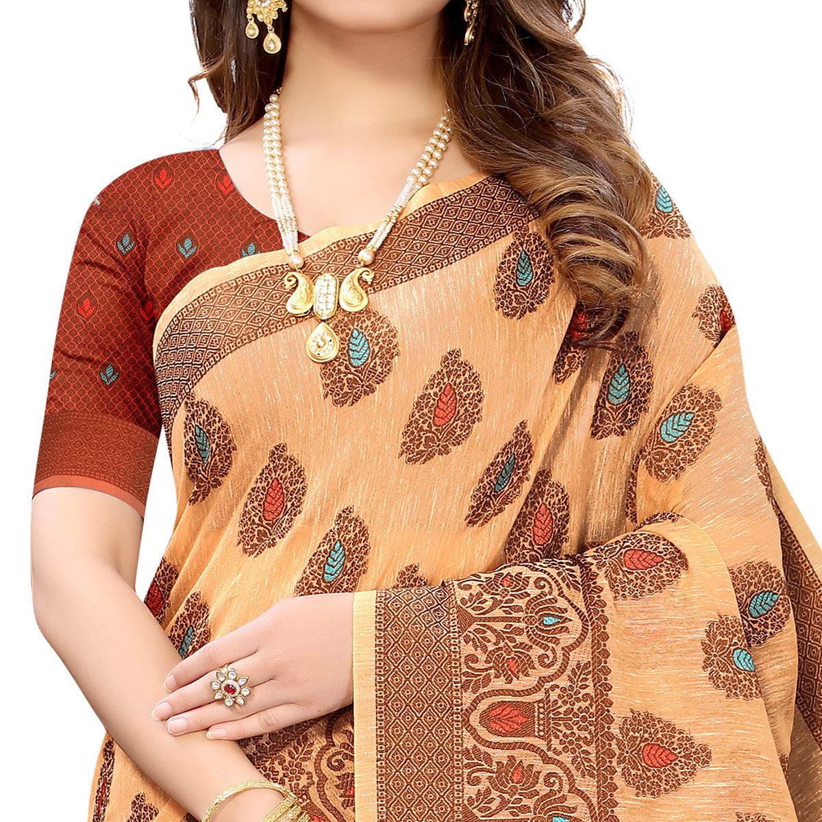 Peachmode Light Orange Festive Wear Woven With Meena Butta Rich Pallu Cotton Saree - view 4