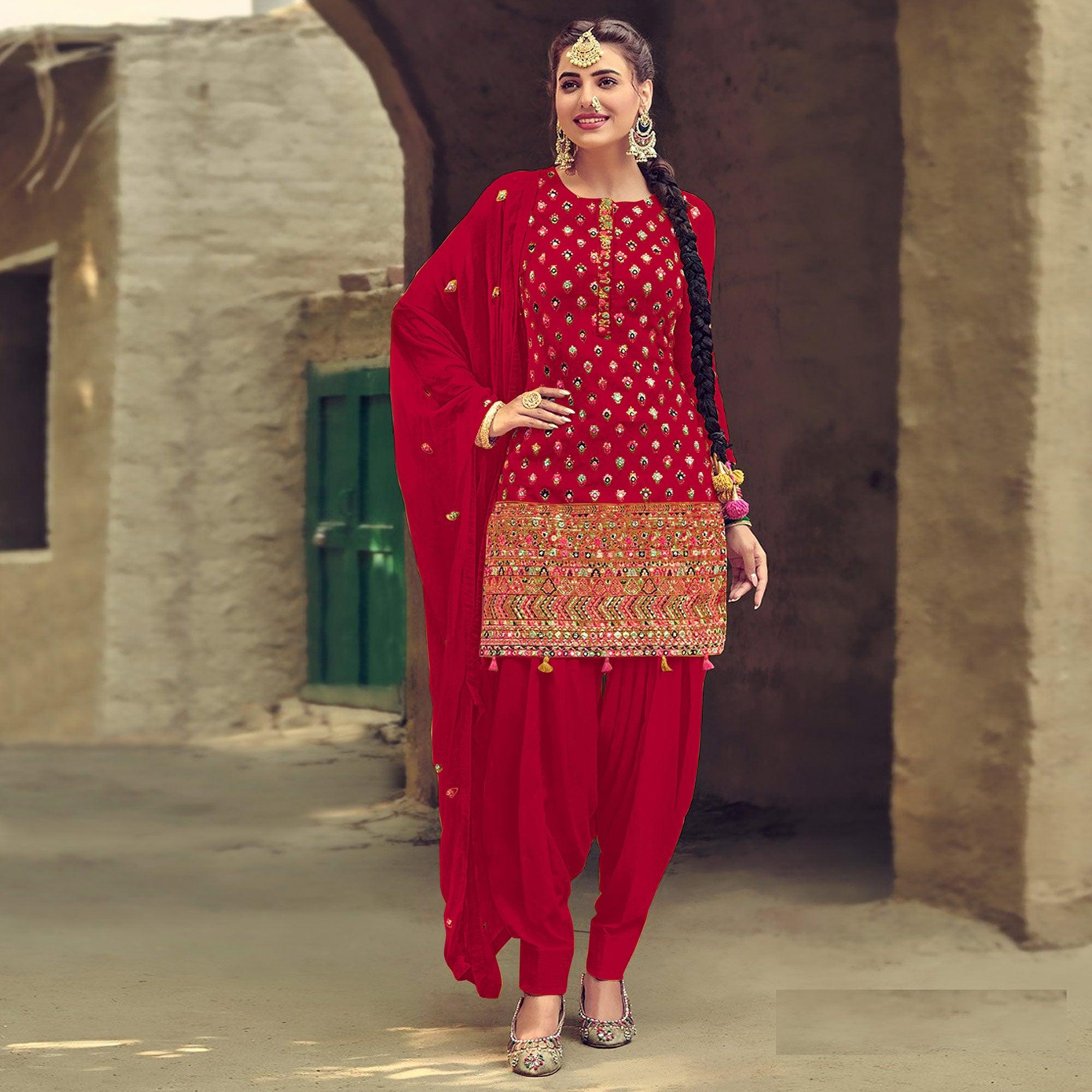 Peachmode Festive Wear Red Sequins Embroidery Work Faux Georgette Patiala Suit