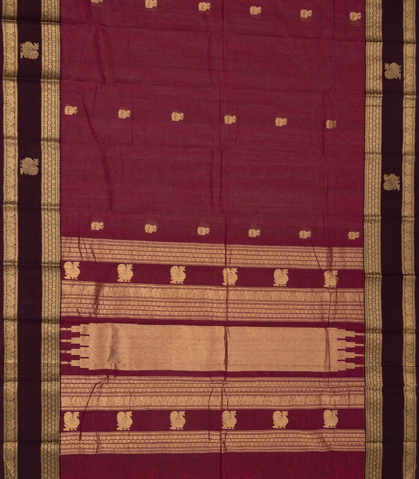 RmKV Burgundy Handloom Kanchi Cotton Saree With Horse Buttas - view 2