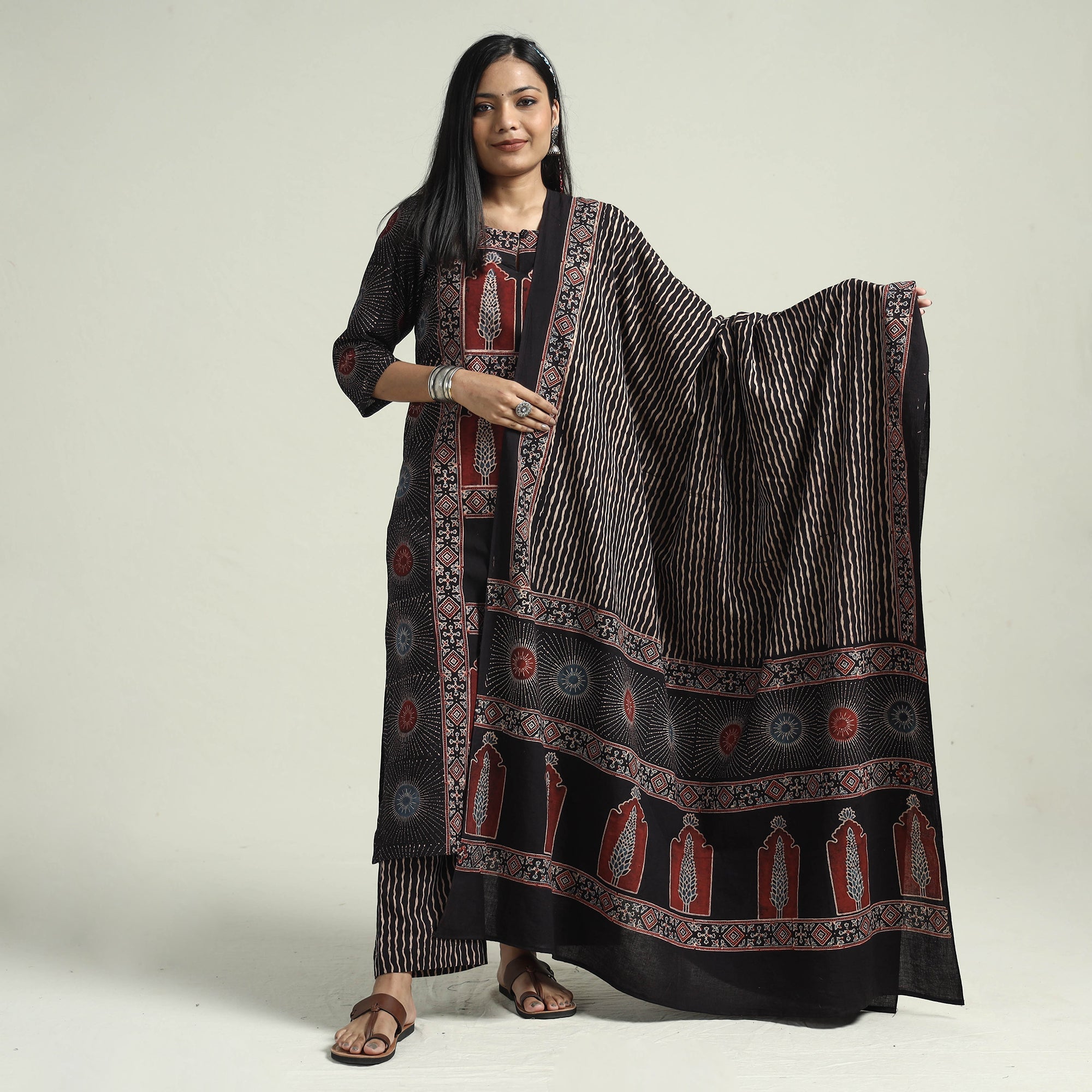 ITOKRI CASUALS Black - Ajrakh Block Printed Cotton Kurta With Palazzo & Dupatta Set - view 2