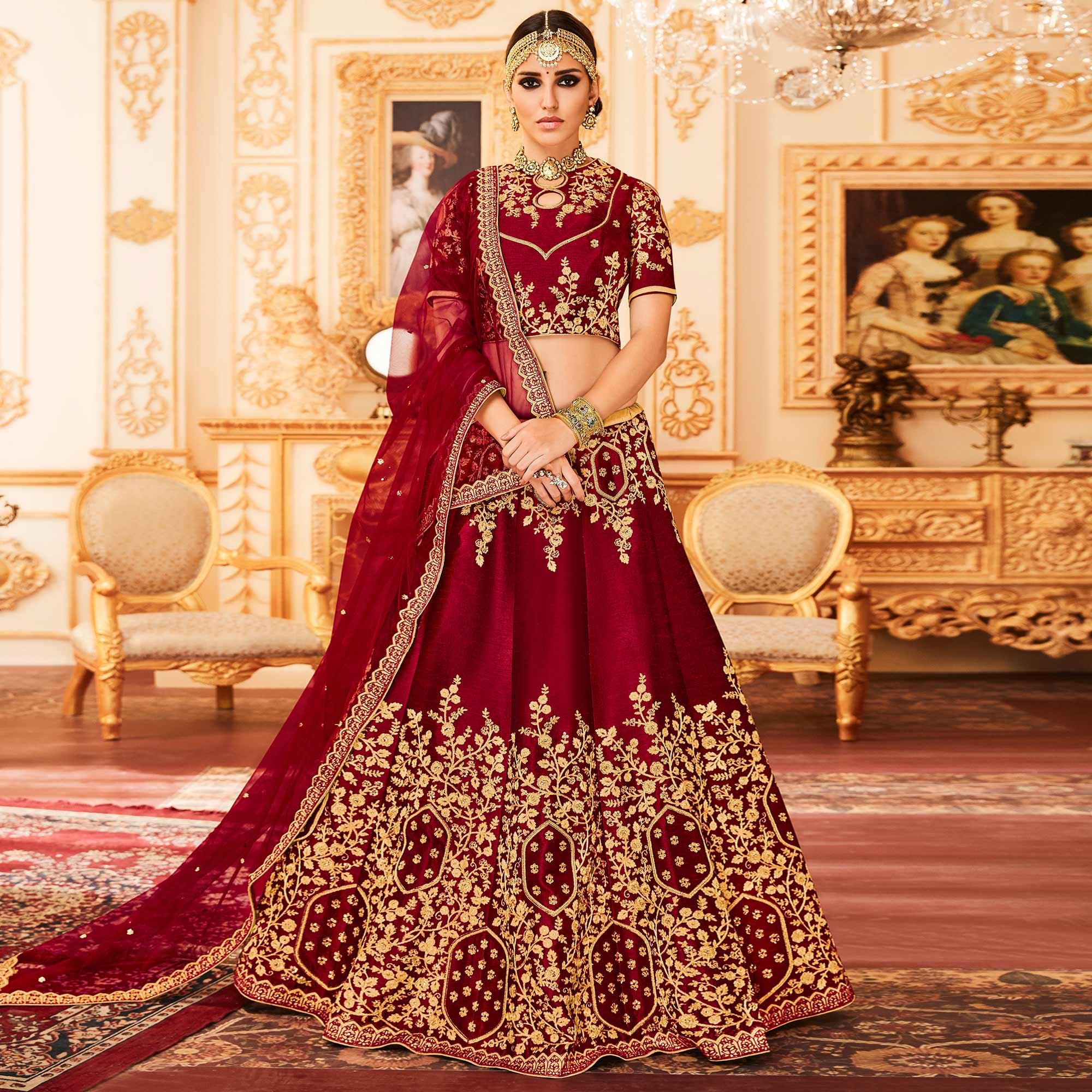 Peachmode Maroon Embroidered Raw Silk Lehenga Choli