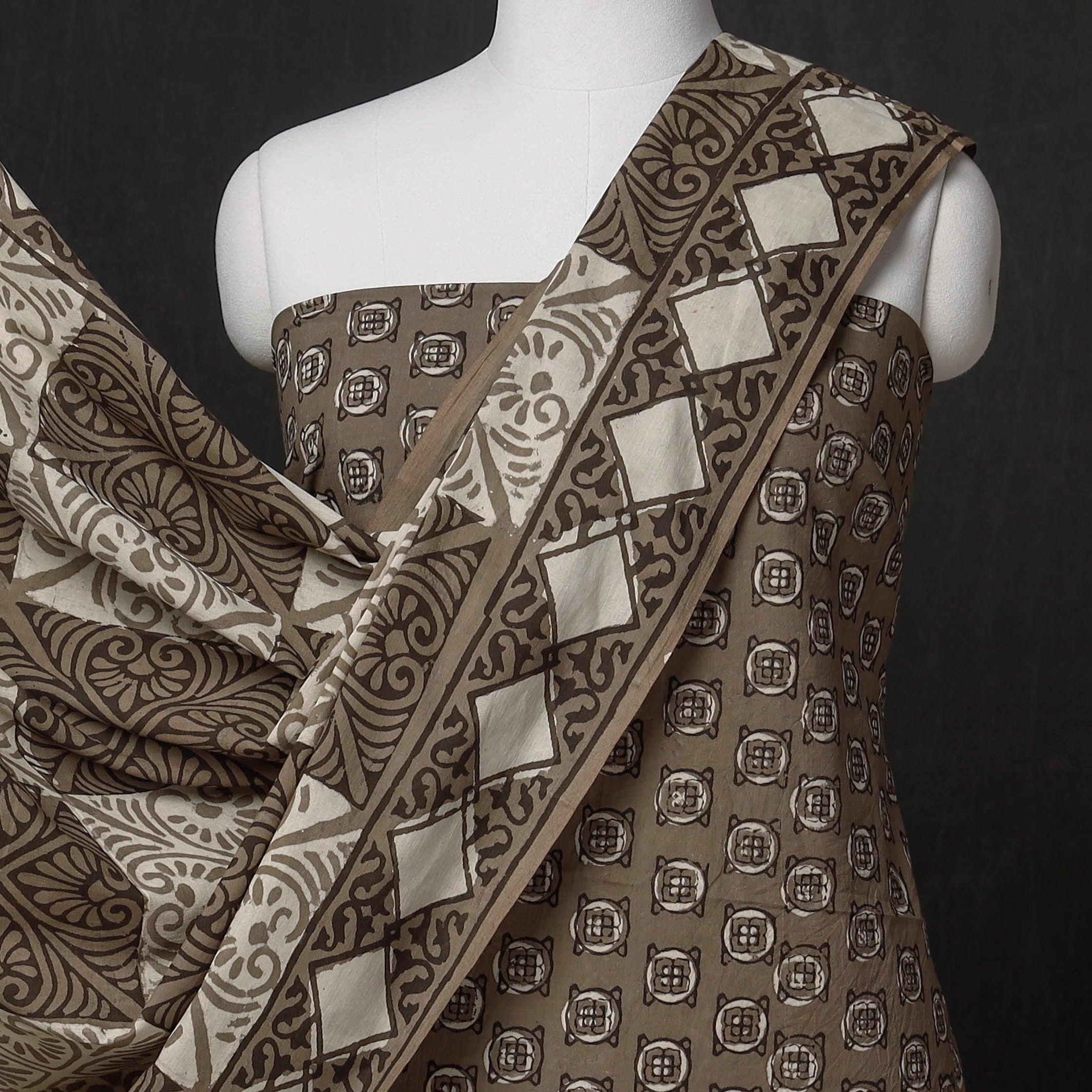 HAVELI CHRONICLES Brown - 3pc Cotton Block Printed Pipad Dress Material Set - view 3