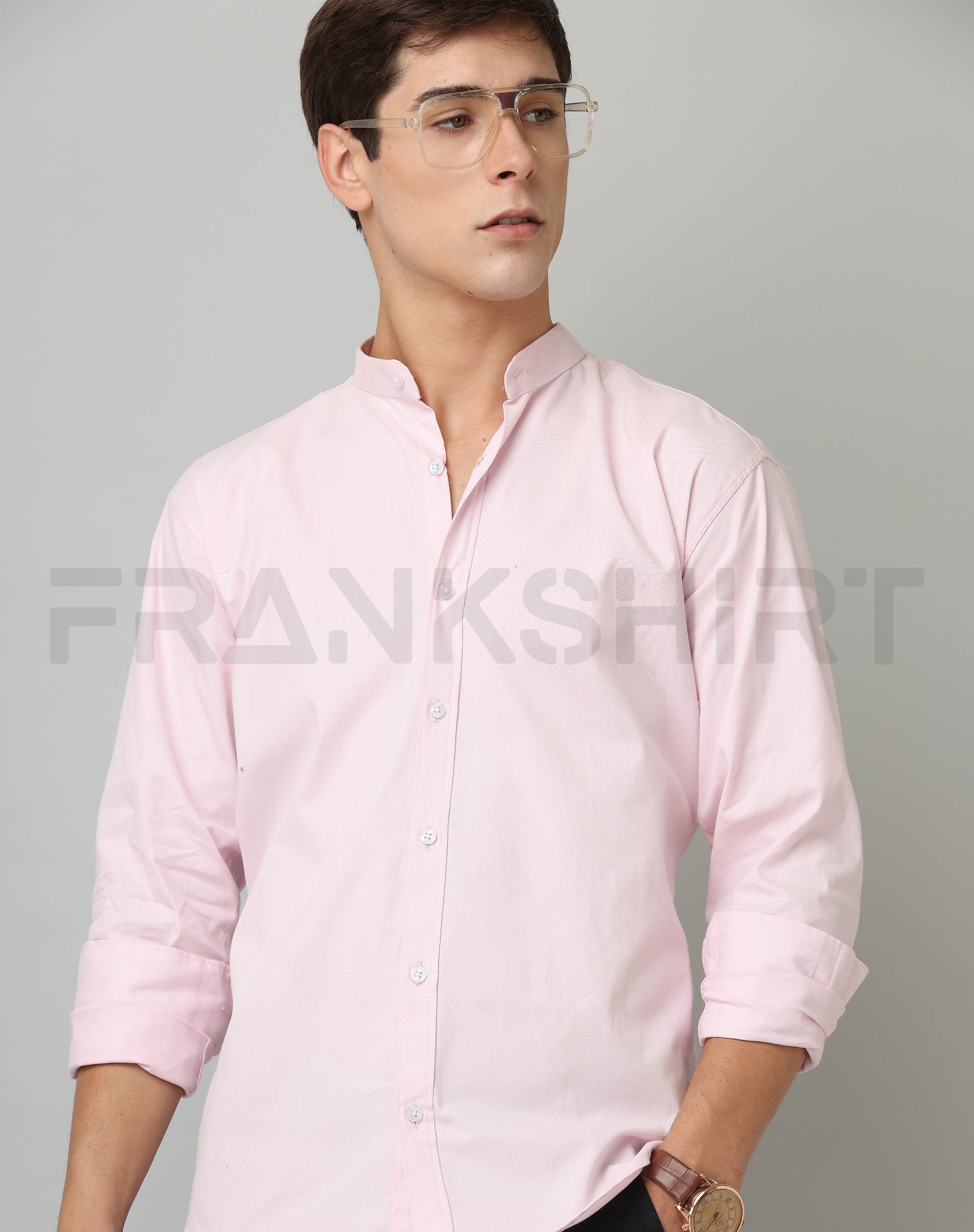BlackTree Frankshirt Chinese Collar Light Pink Tailored Fit Cotton Casual Shirt for Man - view 4