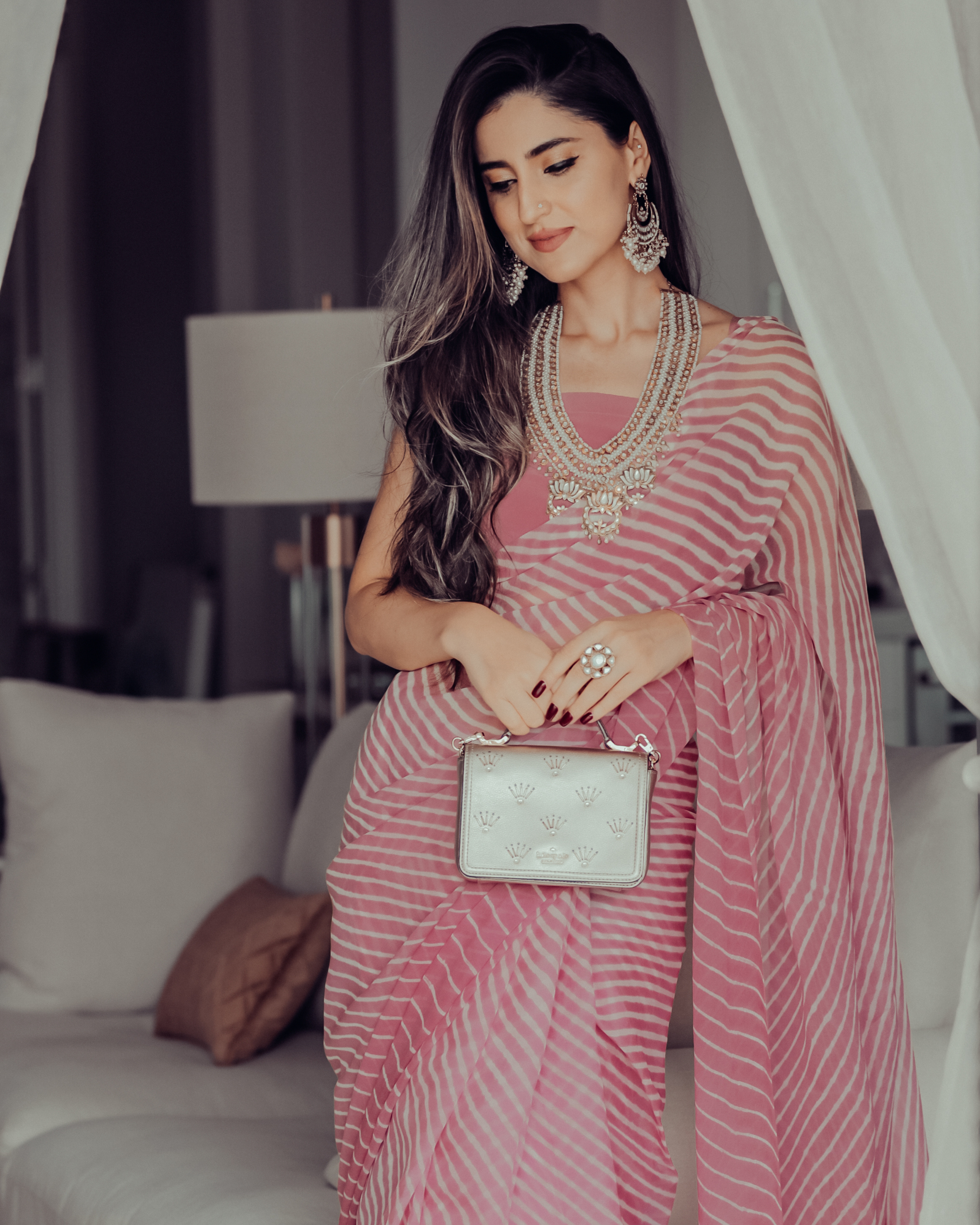 Aachho Sophia Dusty Pink Leheriya Pure Chiffon Saree - view 2