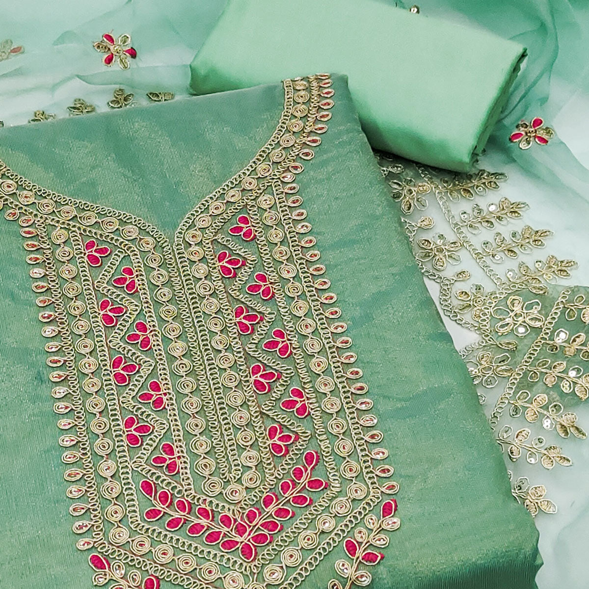 Peachmode Turquoise Sequins Embroidered Chanderi Silk Dress Material - view 2