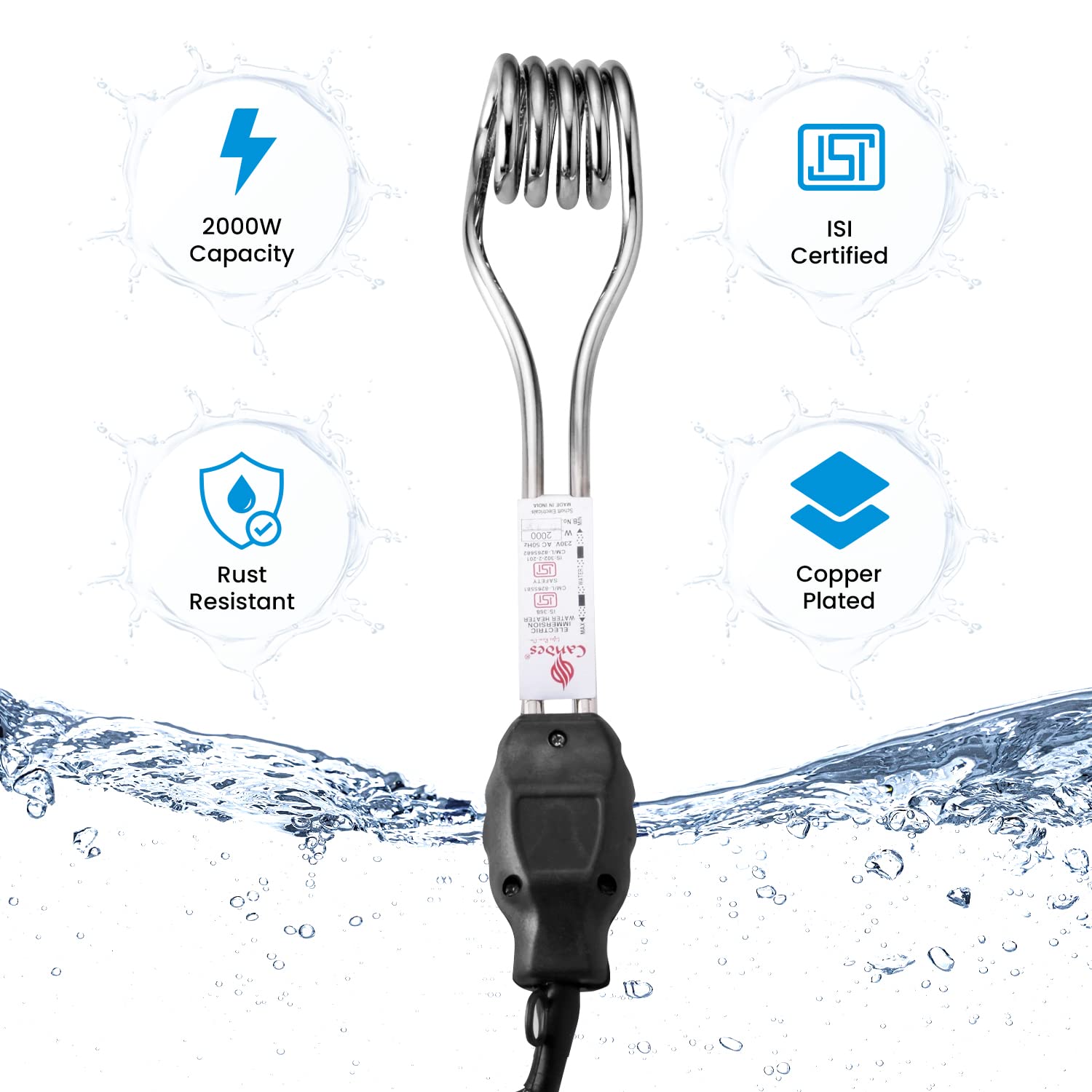 Candes Magic Shock-Proof & Water-Proof 2000 W Immersion Heater Rod (Black) - view 3