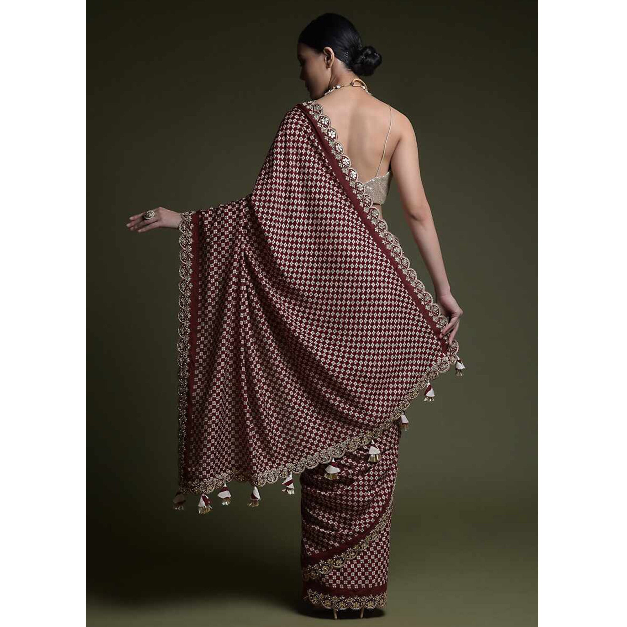 Peachmode Maroon Printed With Embroidered Border Chinon Saree - view 5