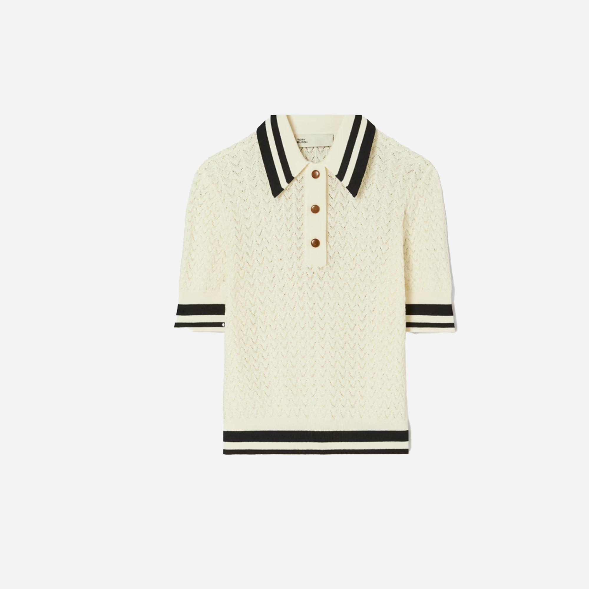 Tory Burch Cotton Pointelle Polo Ivory Black
