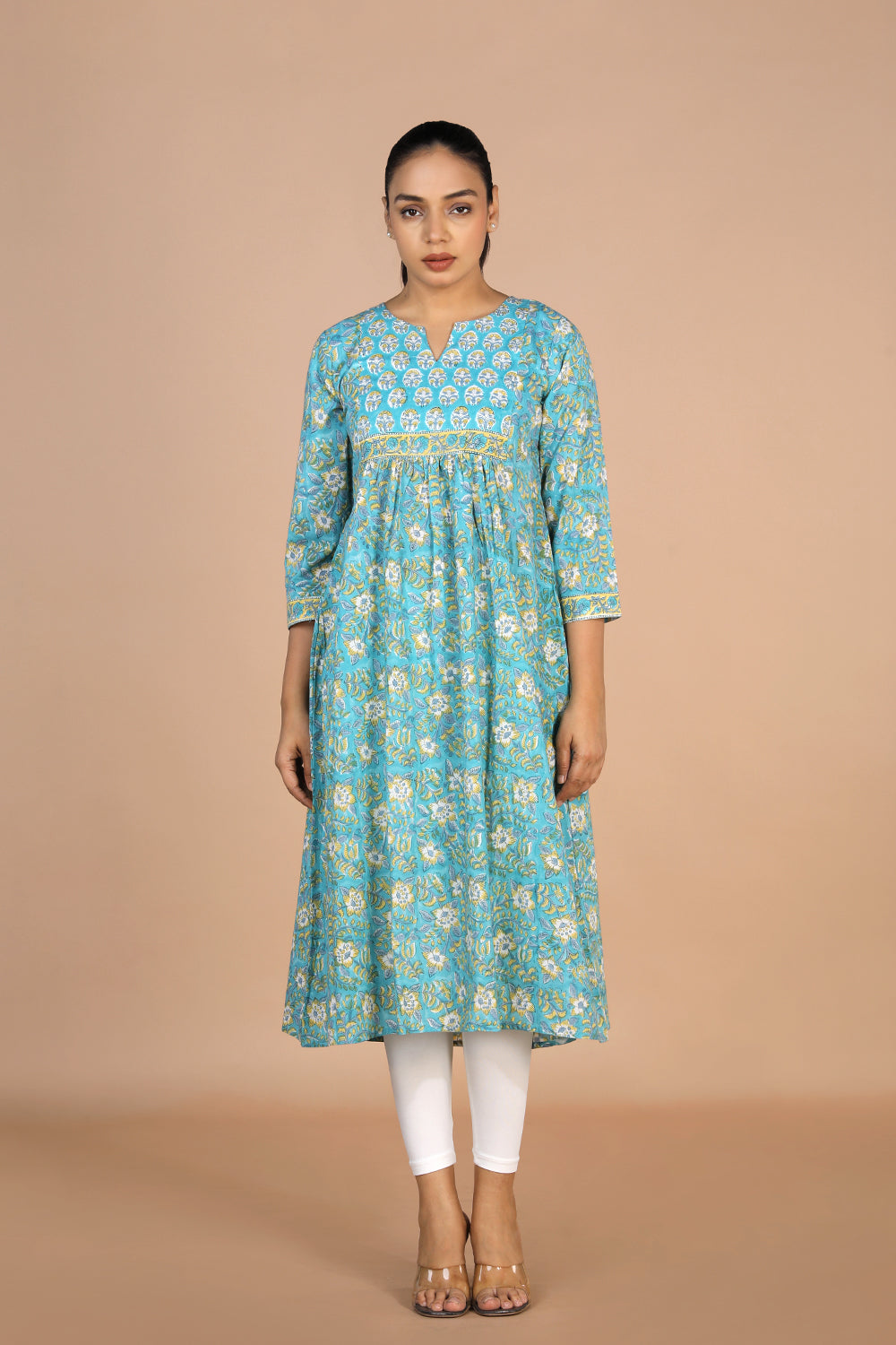 Kalanjali Ethnics Floral sky blue Sanganeri handblock printed cotton Kurti - view 3