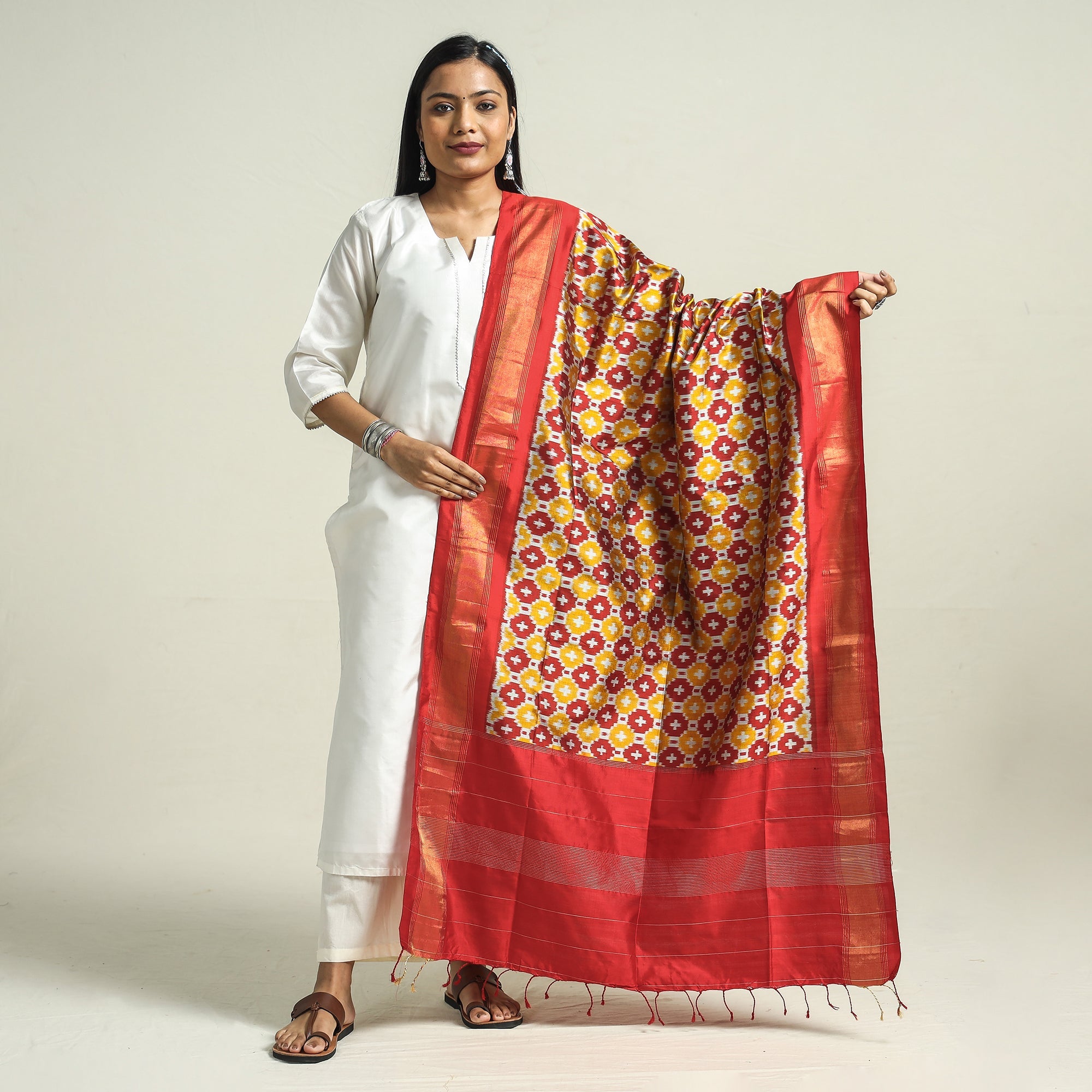 IKAT WEAVES BY EDEM CHANDANA Brown - Handwoven Pochampally Ikat Pure Mulberry Silk Dupatta with Tassels