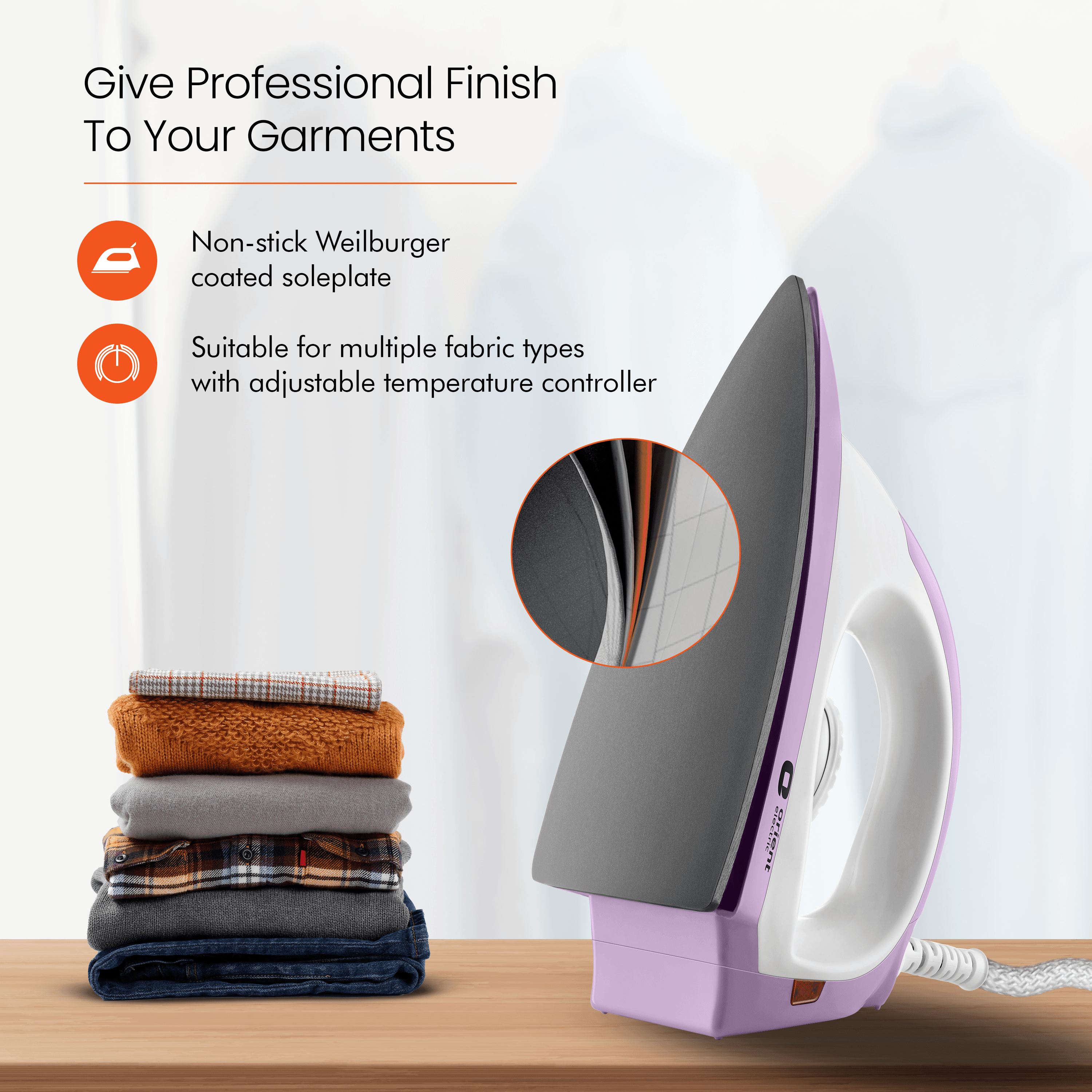 orientelectric Panache Plus Non-Stick Weillburger-Coated Soleplate Dry Iron - view 2