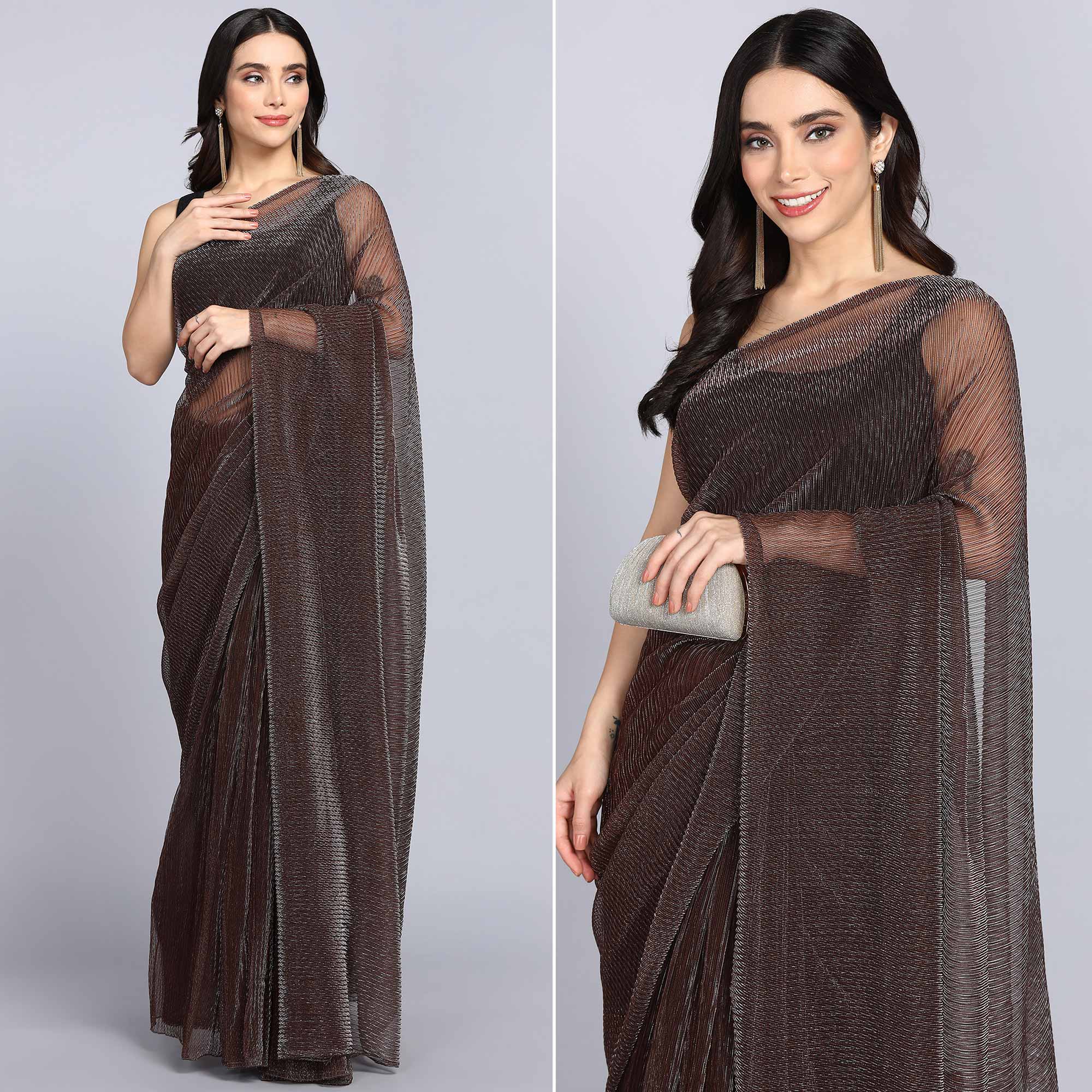 Peachmode Brown Solid Lycra Crush Saree – Women's