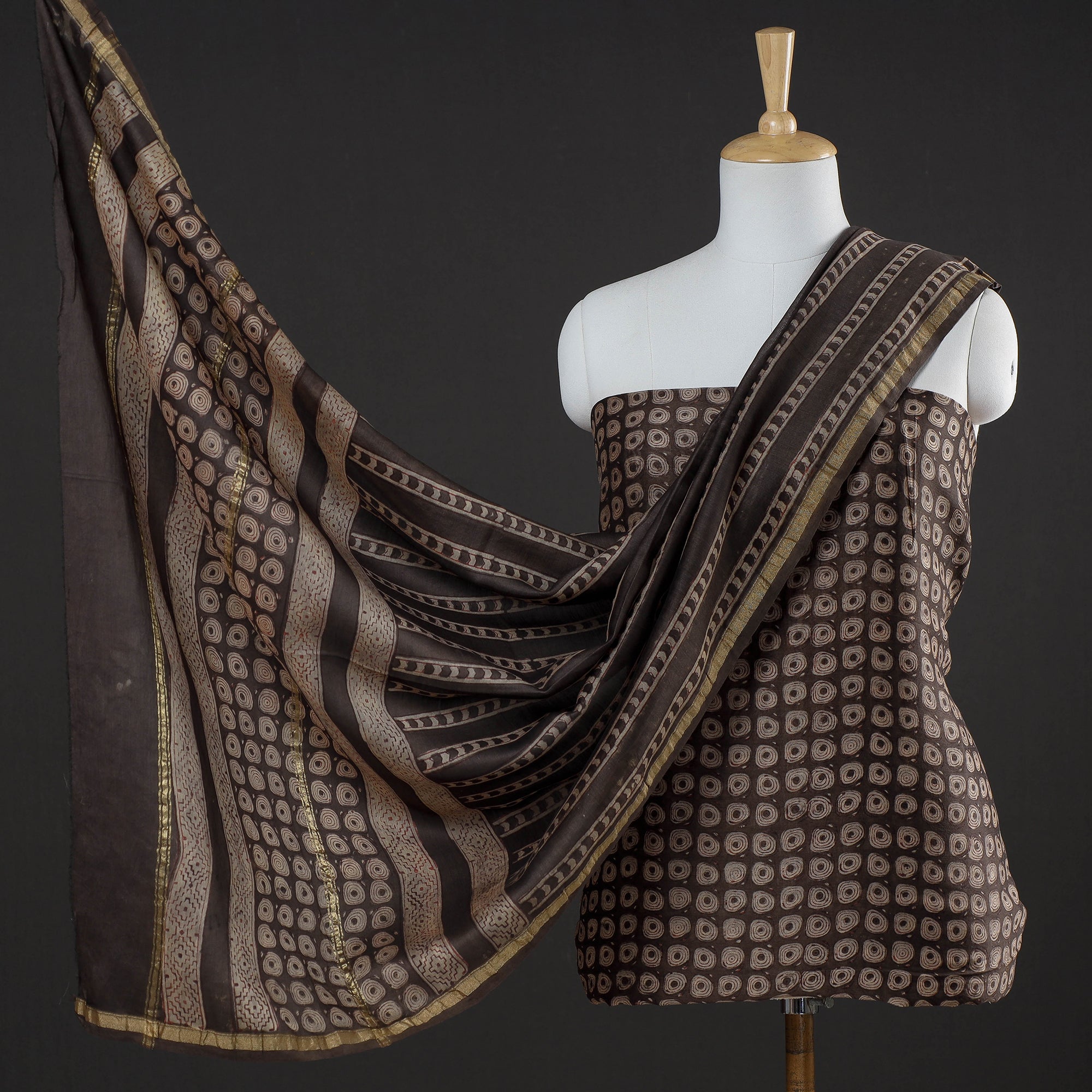 HAVELI CHRONICLES Brown - 3pc Akola Block Printed Chanderi Silk Suit Material Set
