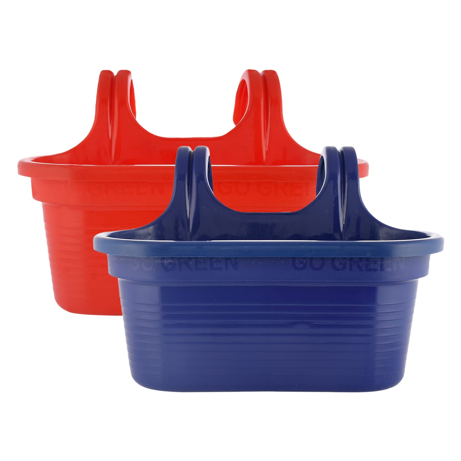 Kuber Industries Hanging Flower Pot|Double Hook Plant Container|Durable Plastic Glossy Finish Pots for Home|Balcony|Garden|12 Inch|Pack of 2 (Blue & R