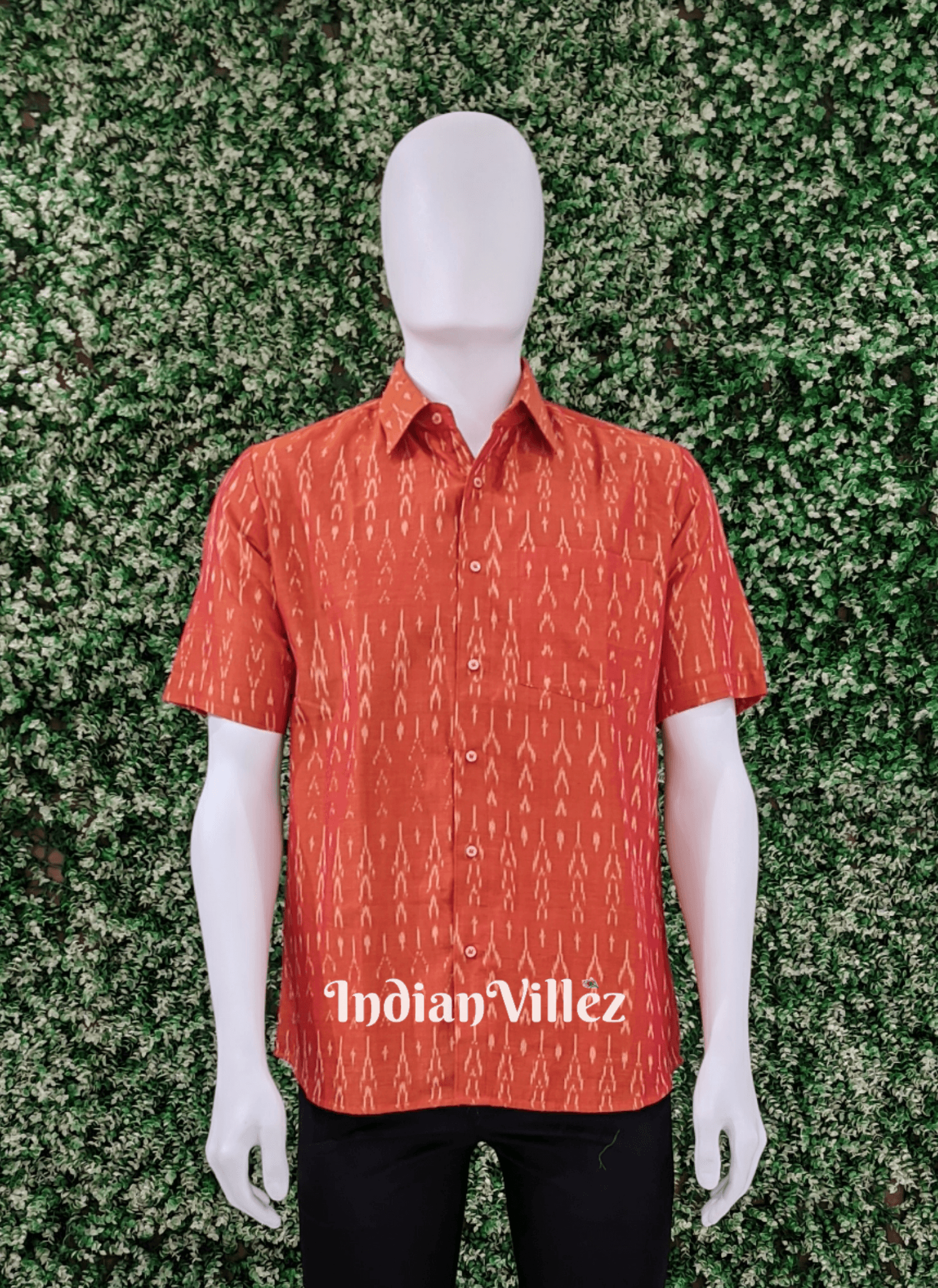 IndianVillèz Orange Dual Tone Cotton Ikat Half Sleeve Shirt for Men