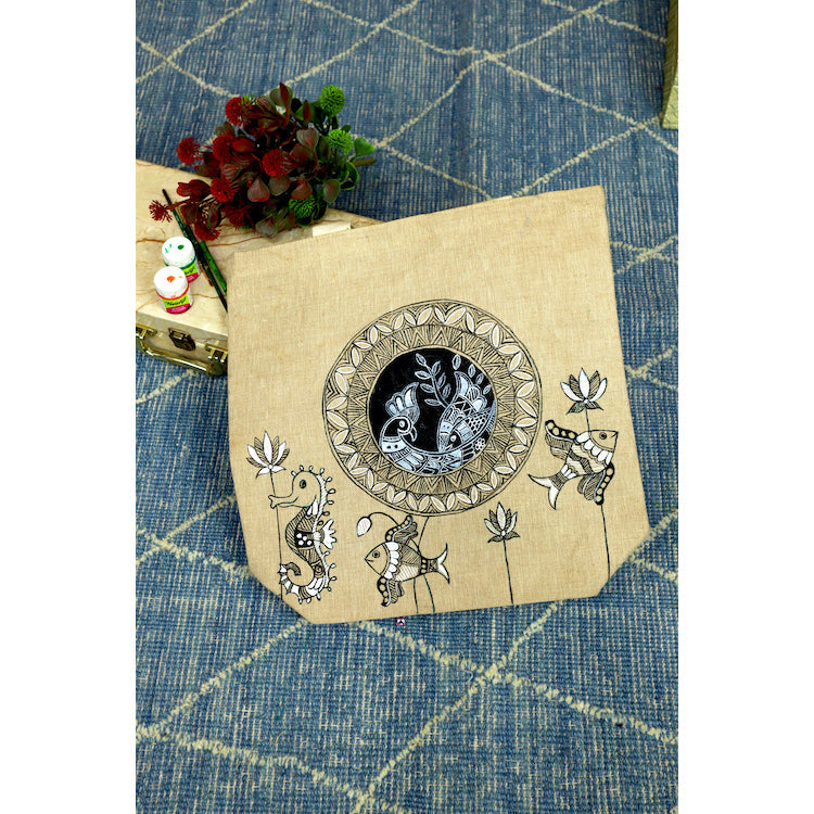 DIORAMA DESIGNS Beige - Folklore Fusion Handpainted Cotton Jute Tote Bag