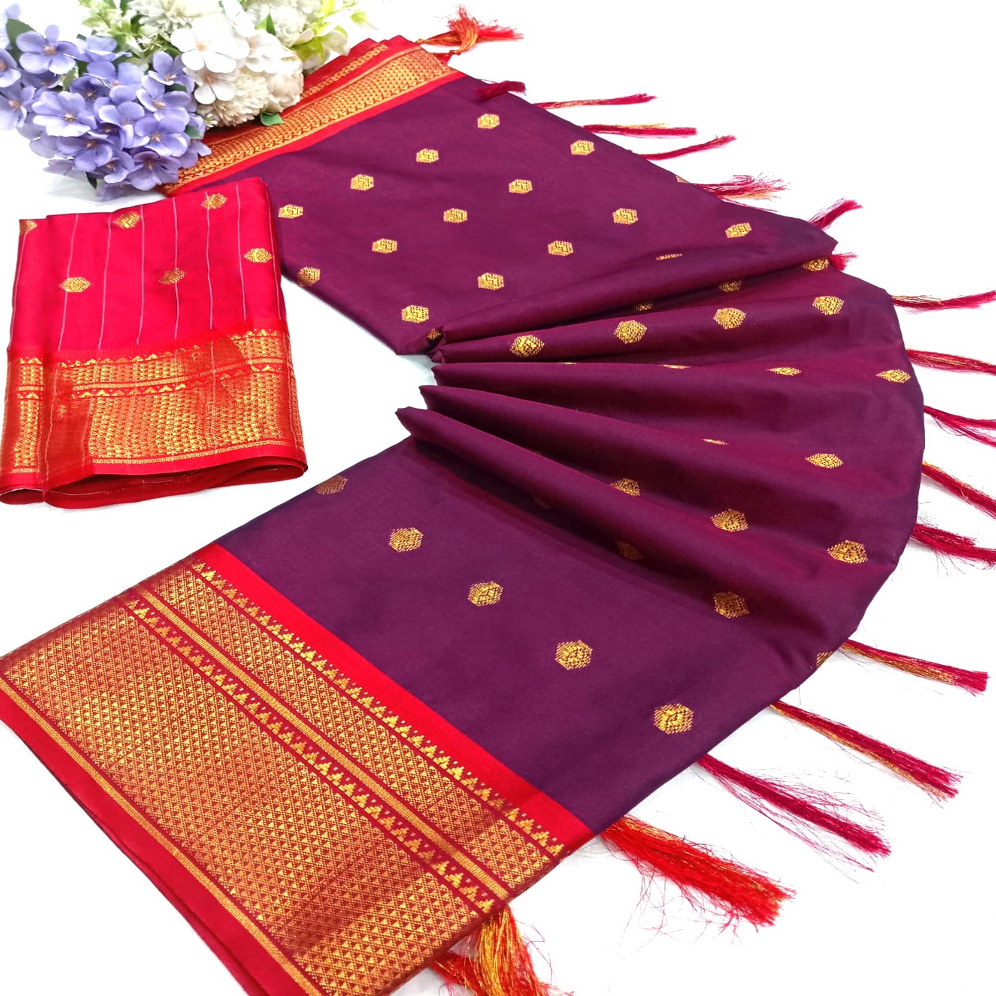 Peachmode Purple Zari Woven Lichi Art Silk Saree With Tassels - view 3