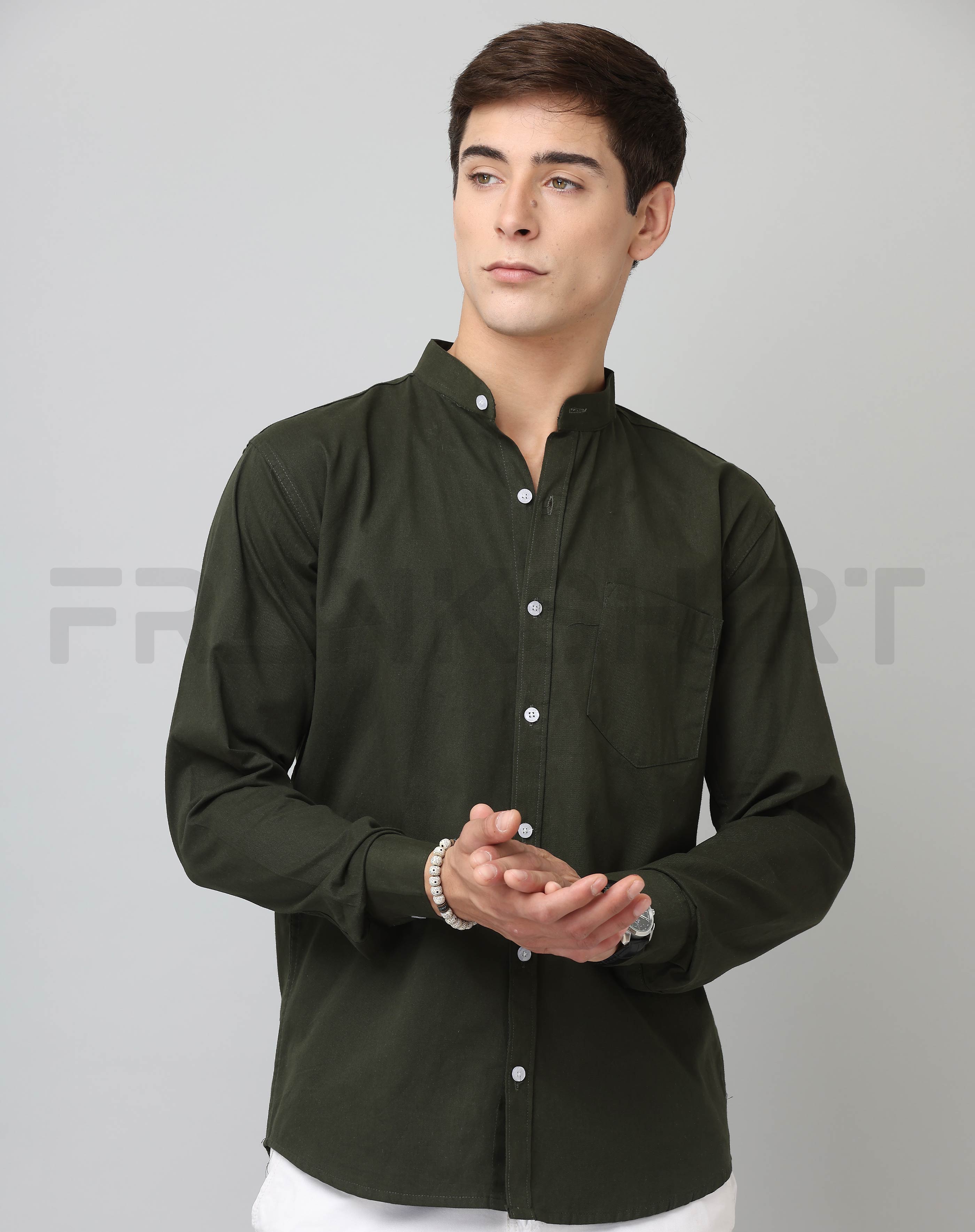 BlackTree Frankshirt Chinese Collar Bottle Green Tailored Fit Cotton Casual Shirt for Man