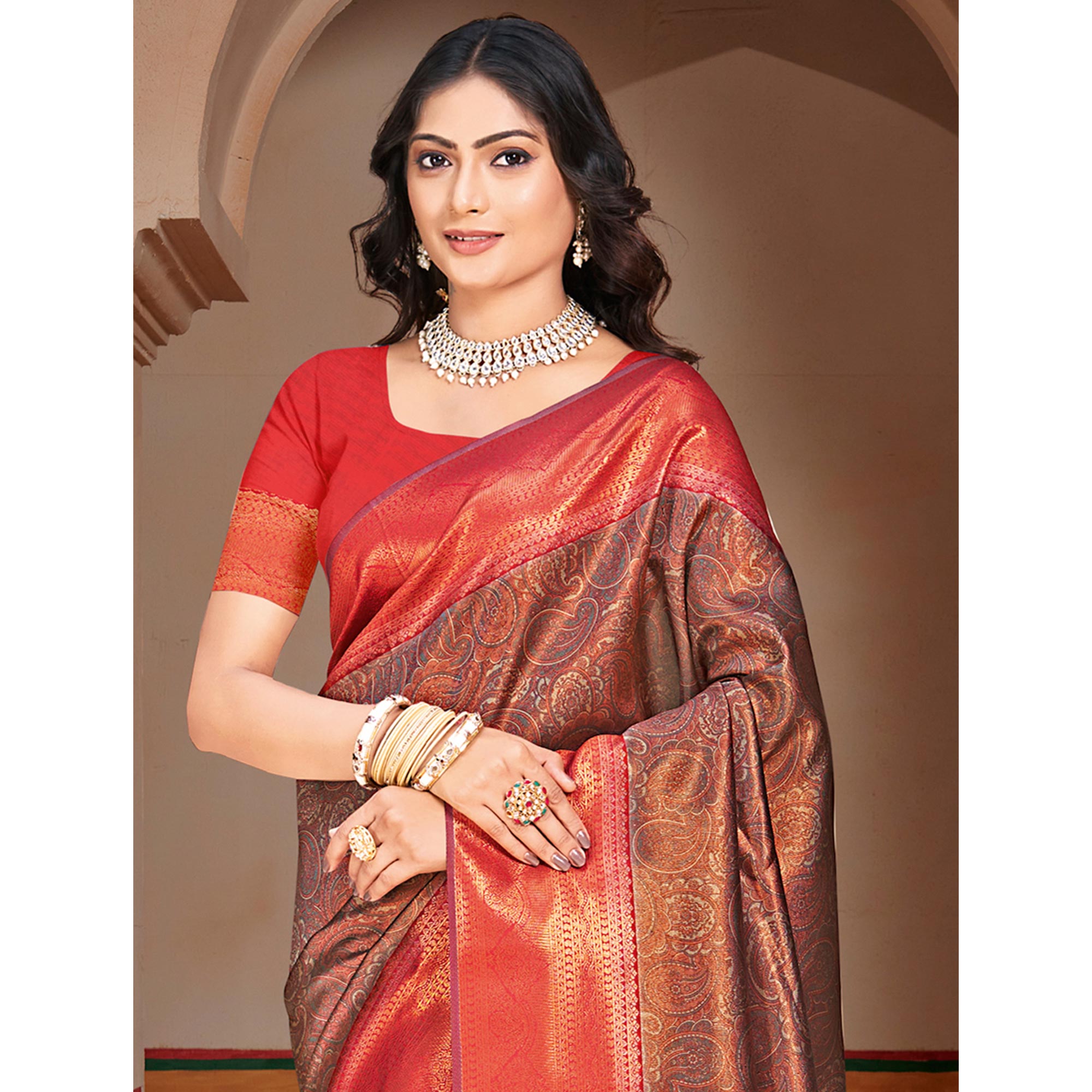 Peachmode Brown & Red Woven Vichitra Silk Saree With Tassels - view 3