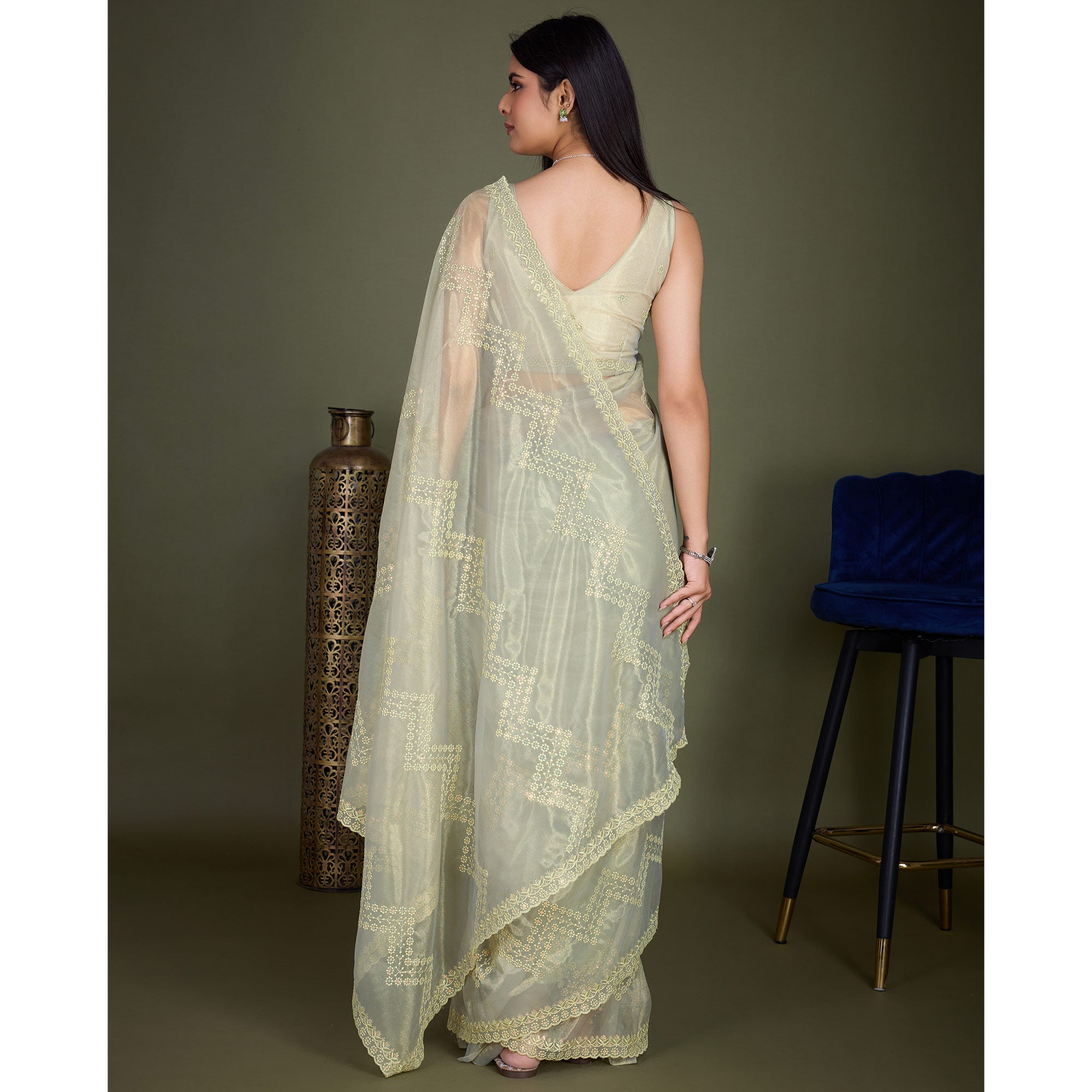 Peachmode Light Olive Green Sequins Embroidered Shimmer Net Saree - view 6