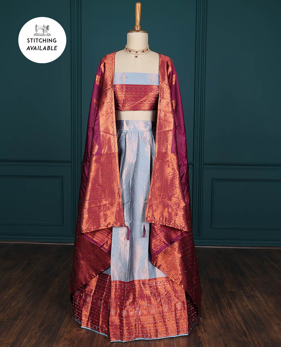 Pothys Blue jacquard artsilk half saree,contrast traditional design zari stone work border, blouse & contrast intricate dhavani - view 2
