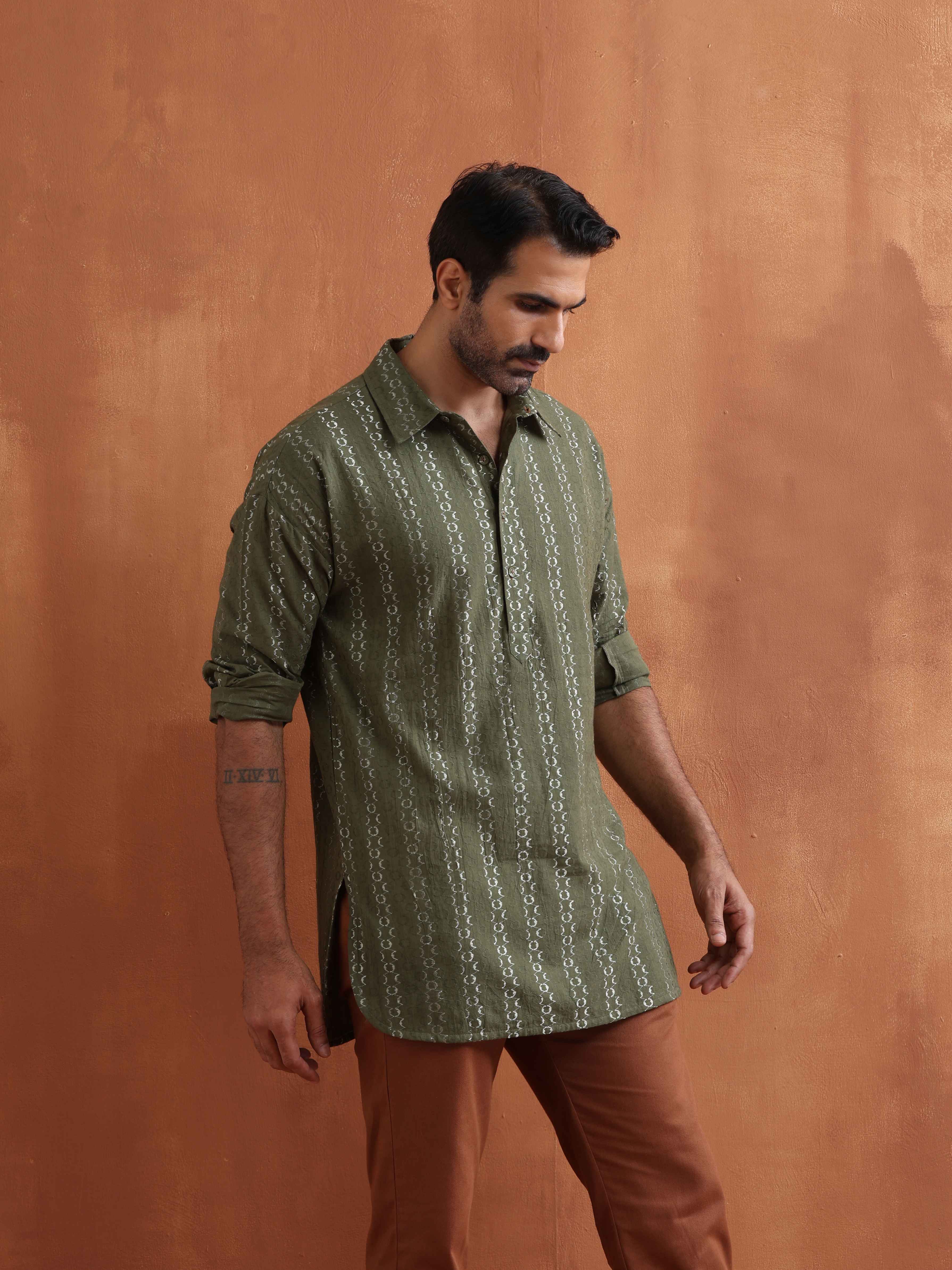 trueBrowns Men's Olive Green Cotton Dobby Short Kurta - view 2
