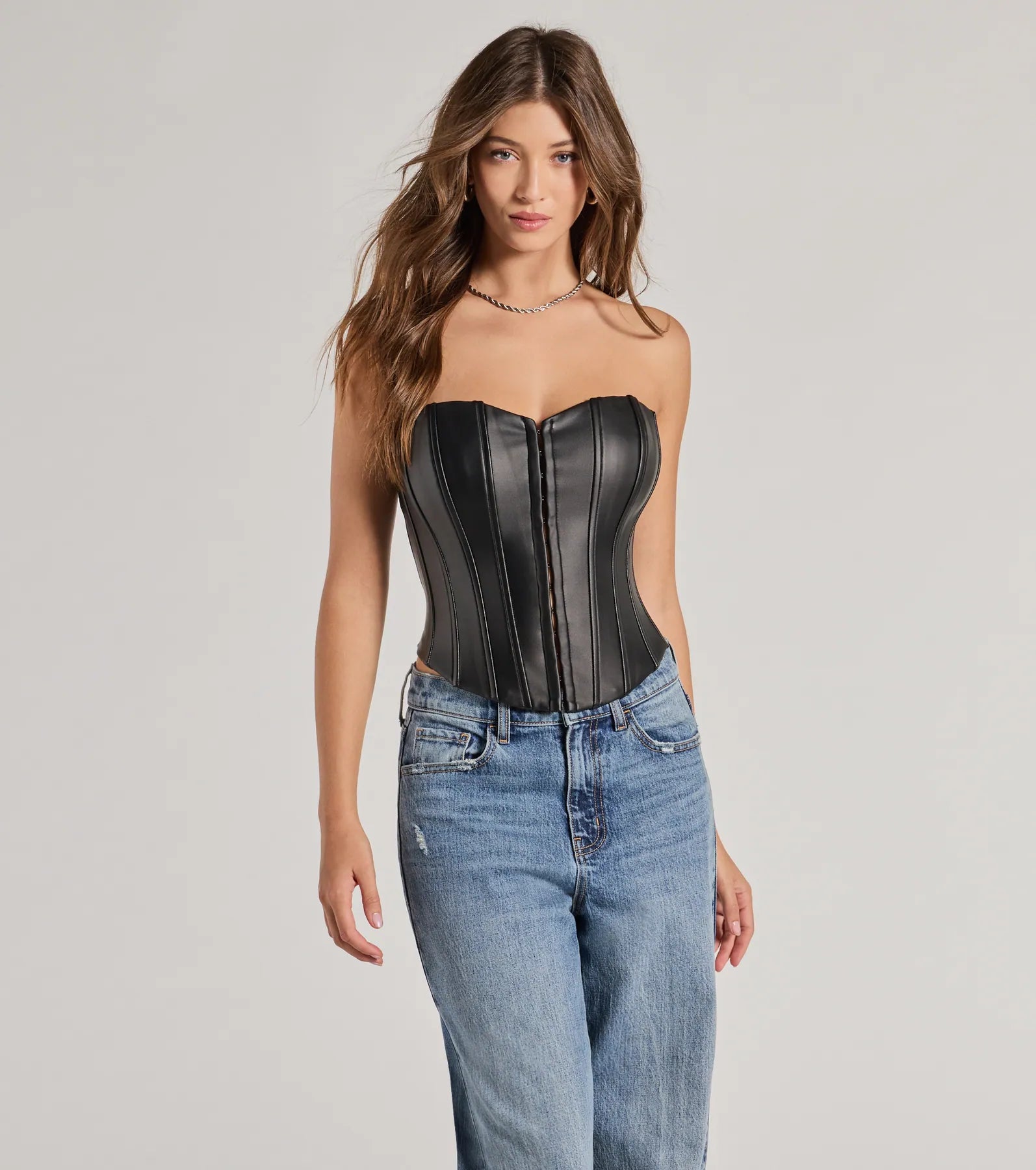 Windsor Level Up Sleek Faux Leather Strapless Corset Top