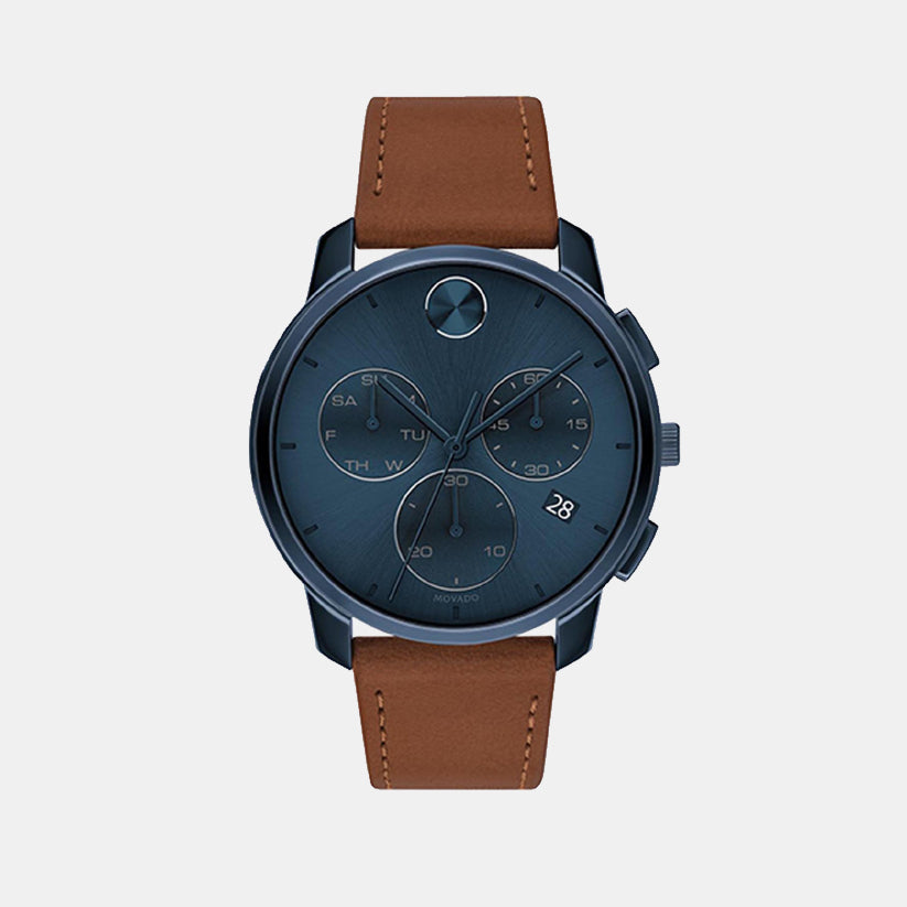 Movado Bold Men Quartz Blue Dial Chronograph Leather Watch 3600630
