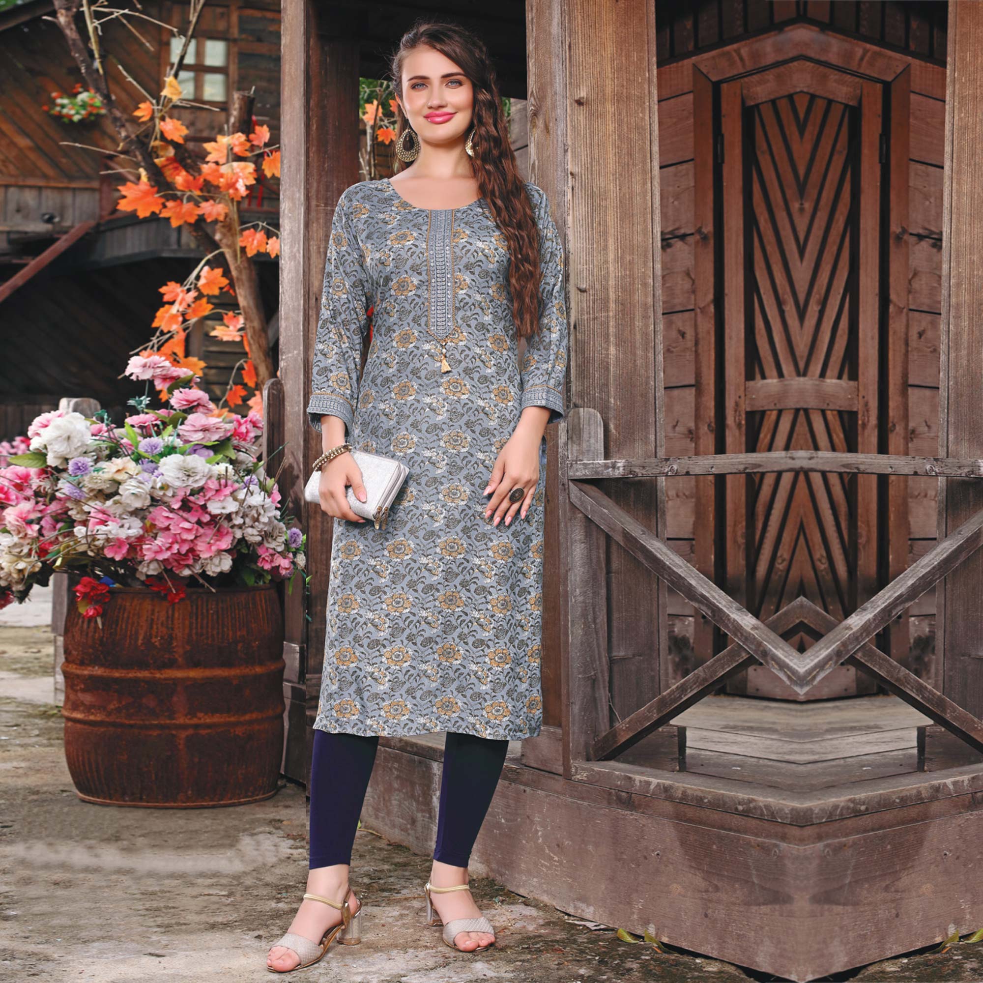 Peachmode Seller Light Grey Printed Muslin Kurti - view 2