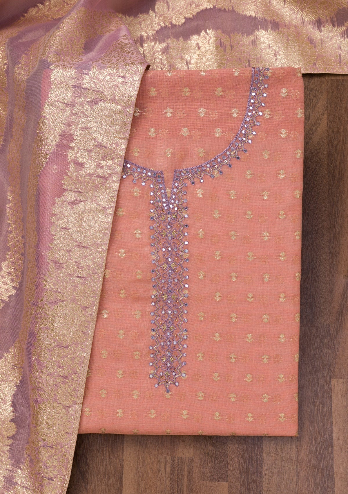 Koskii Peach Zariwork Banarasi Unstitched Salwar Suit - view 6