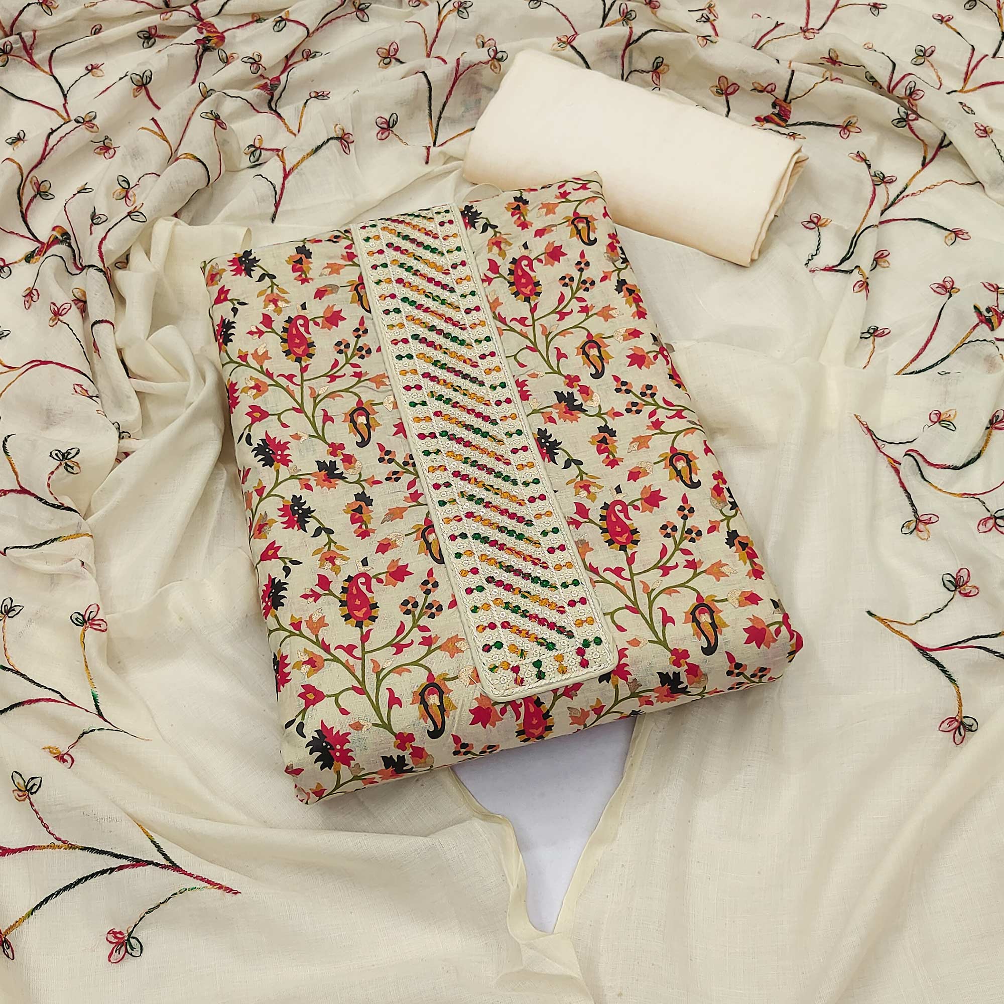 Peachmode Cream Floral Printed With Embroidered Pure Cotton Dress Material