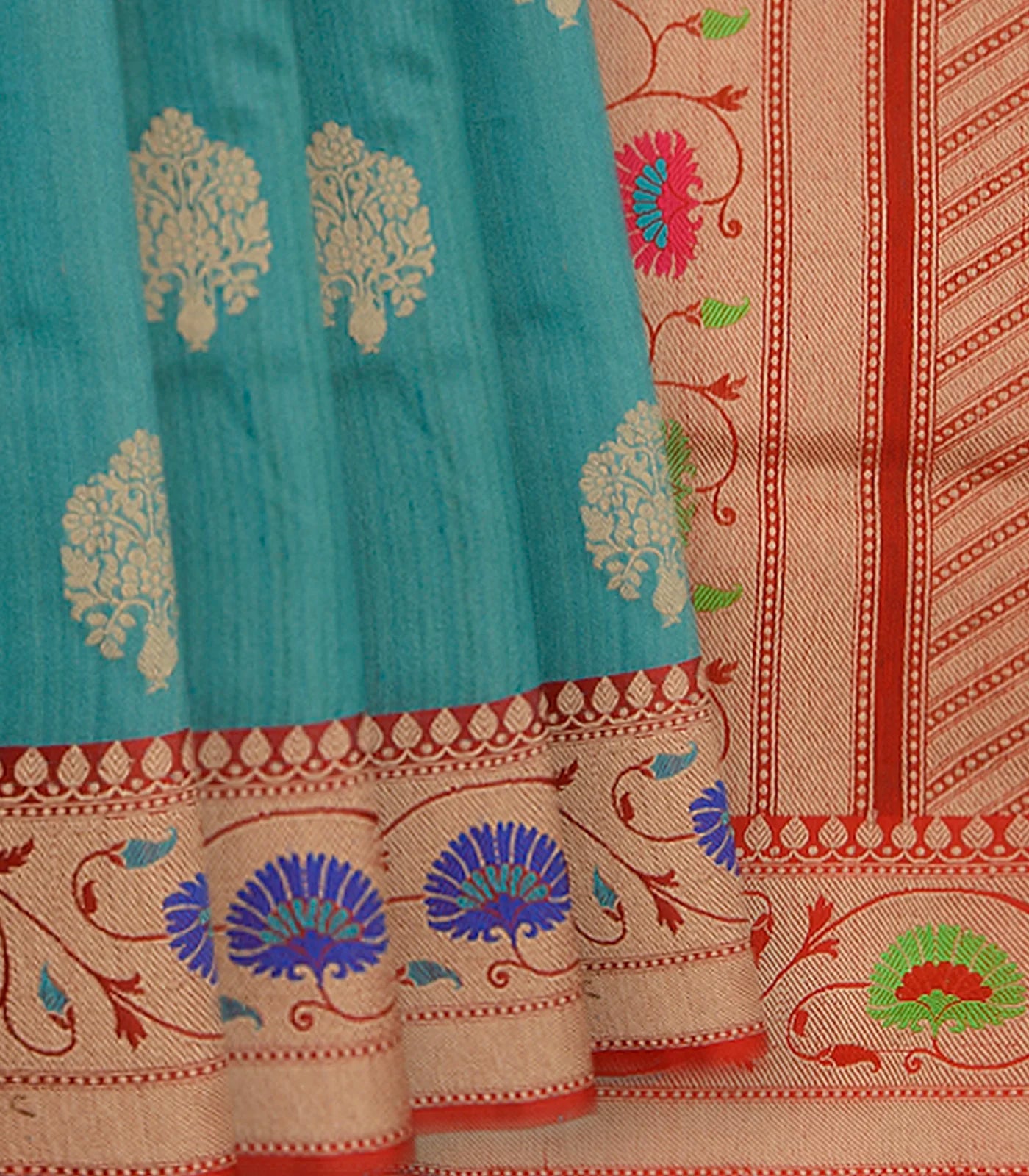 RmKV Mustard Handwoven Benares Tussar Silk Saree Red Contrast Border-Mustard