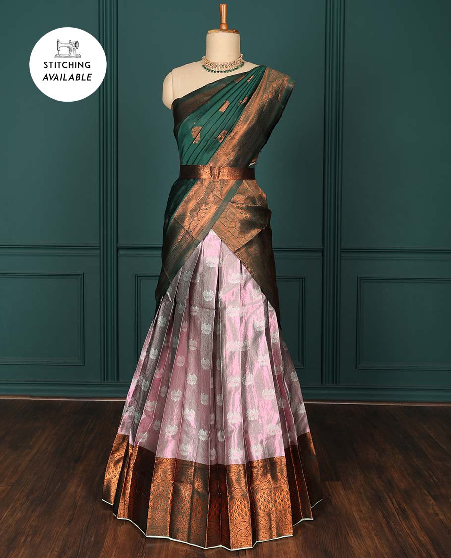 Pothys Pink zari design art silk half-saree, contrast traditional design border, jacquard blouse & intricate zari dhavani