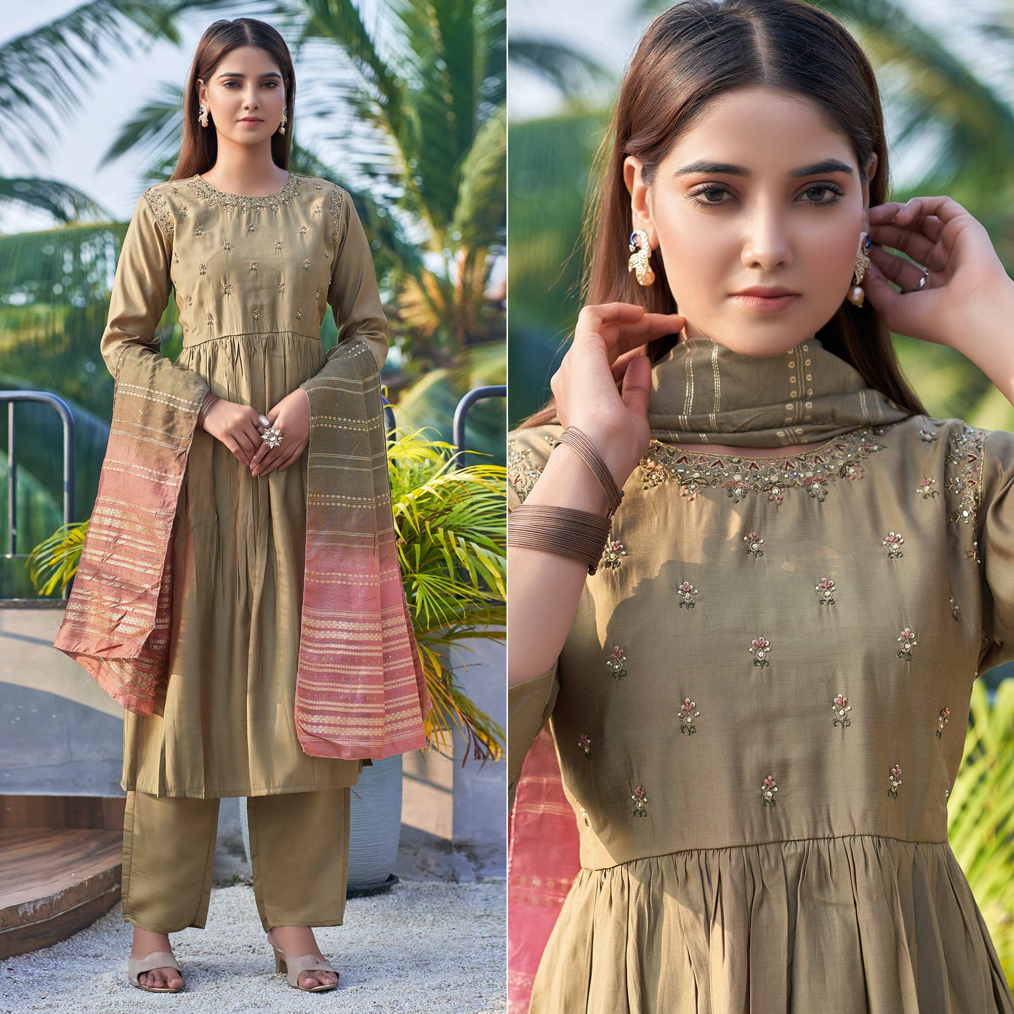 Peachmode Brown Floral Embroidered Pure Silk Anarkali Suit