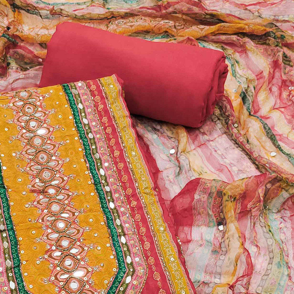 Peachmode Light Pink Embroidered With Printed Work Crepe Dress Material - view 2