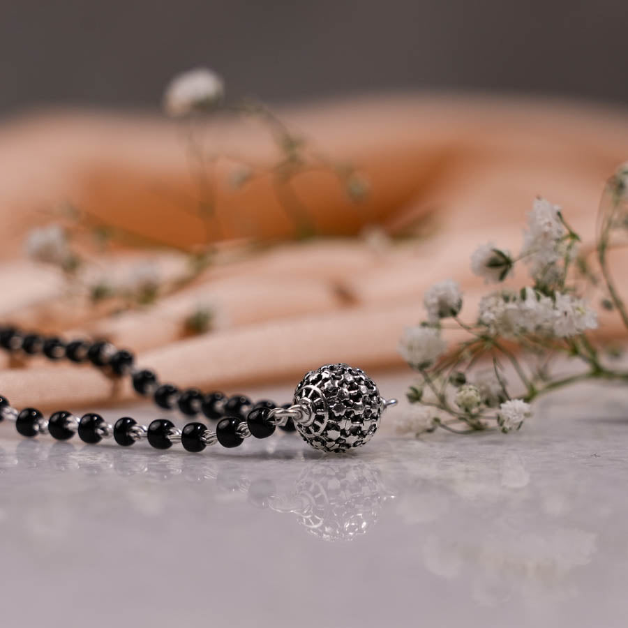 Prinjal Jewellers Black Beads Mangal Sutra with Beaded Silver Circular Pendant for Women