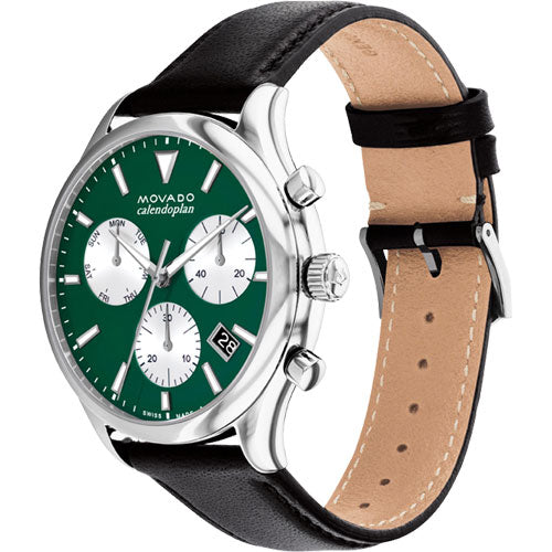 Movado Calendoplan Green Dial & Black Leather Strap Watch for Men - view 2