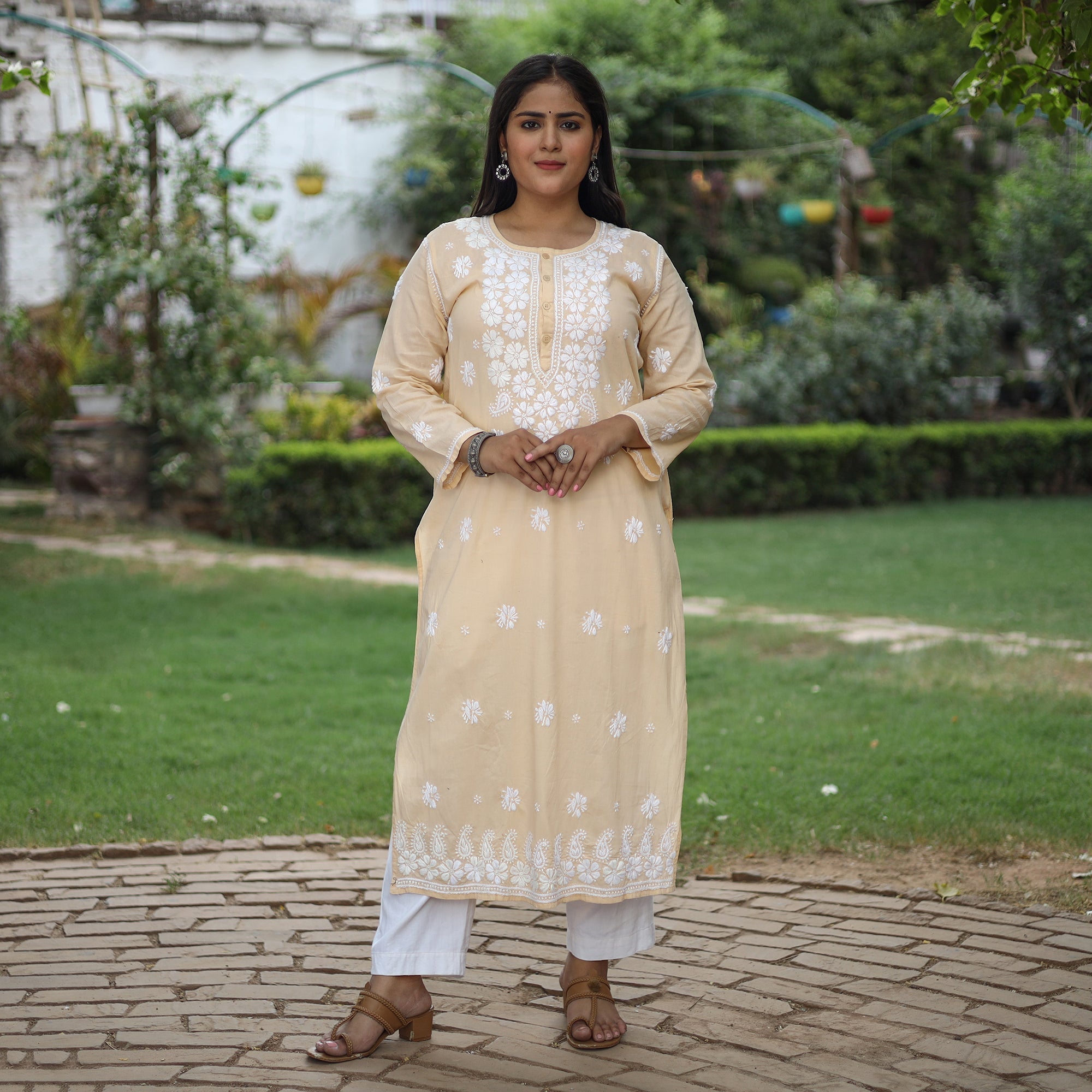 MEHARKI CHIKAN Beige Chikankari Hand Embroidered Cotton Long Kurta - view 2