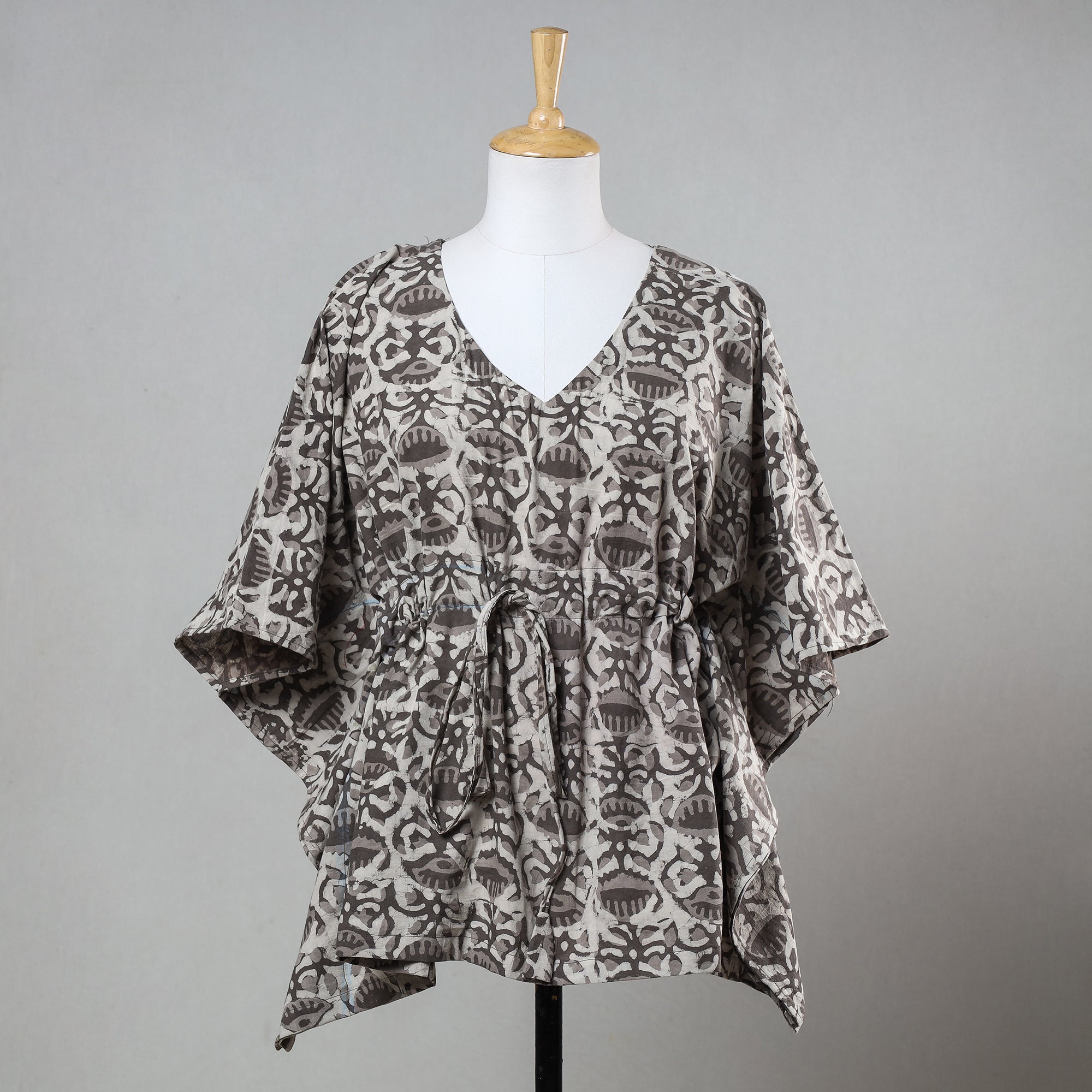 ITOKRI CASUALS Brown - Bagru Block Printed Cotton Kaftan with Tie-Up Waist (Short)