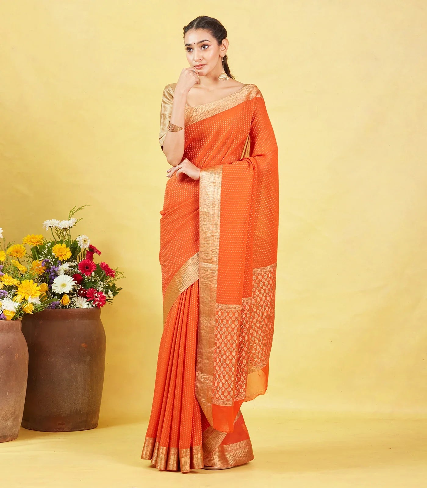 RmKV Orange Mysore Crepe Silk Saree With Floral Motifs & Zari Border