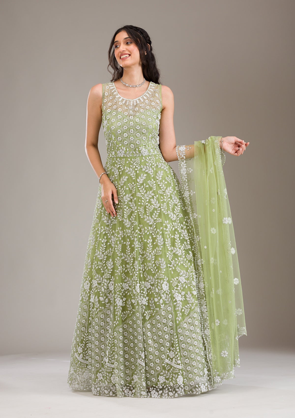Koskii Pista Green Pearlwork Net Gown - view 7